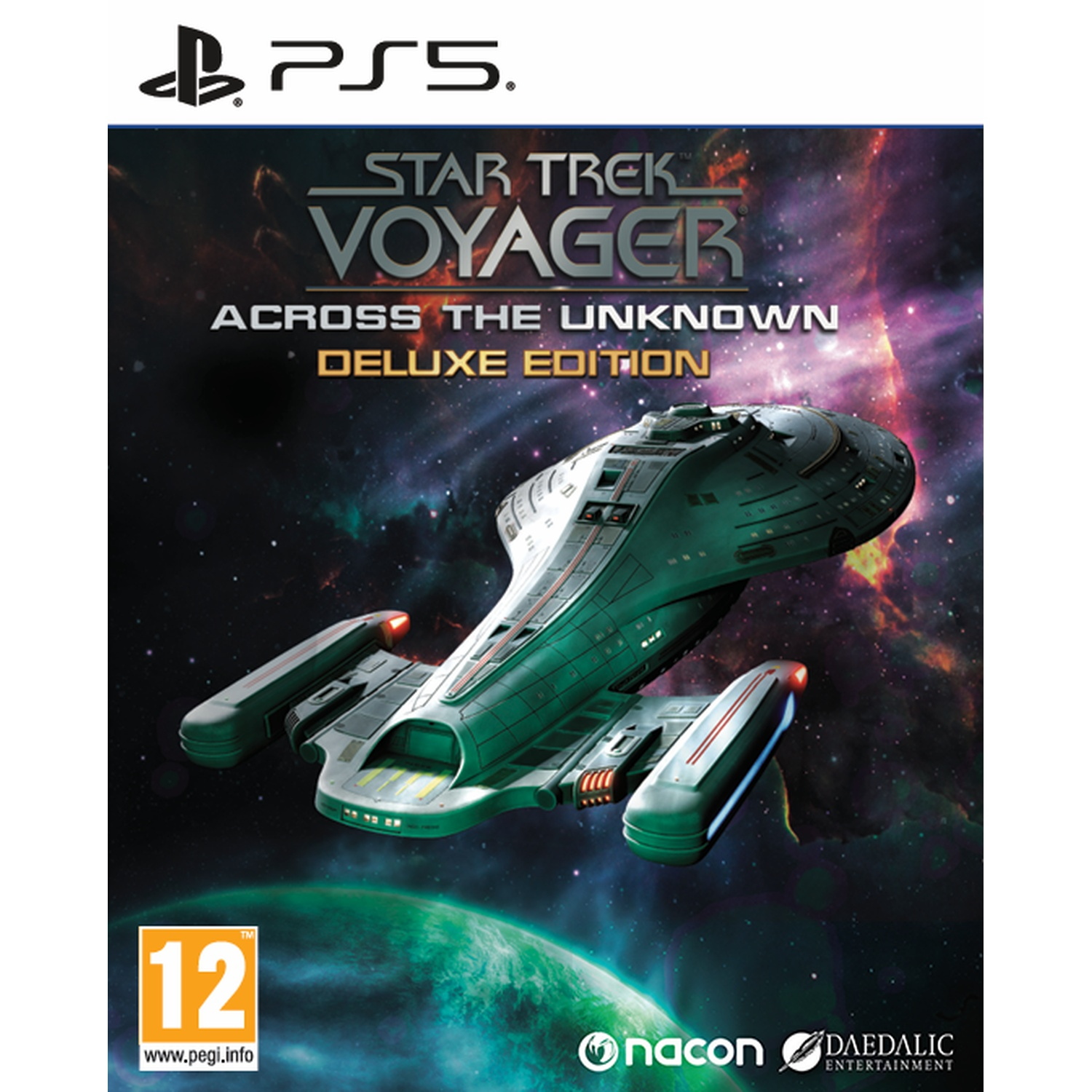 De cover toont een ruimteschip voor een sterrenhemel en een planeet.