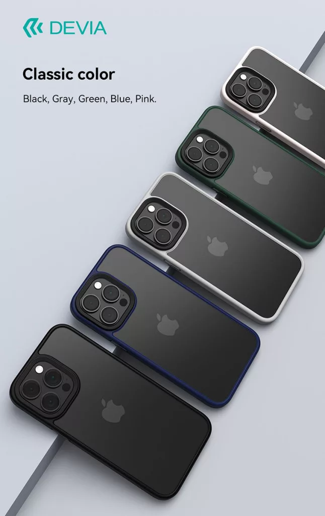 Öt iPhone tok fekete, szürke, zöld, kék és rózsaszín színben, átlósan egymásra rakva.
