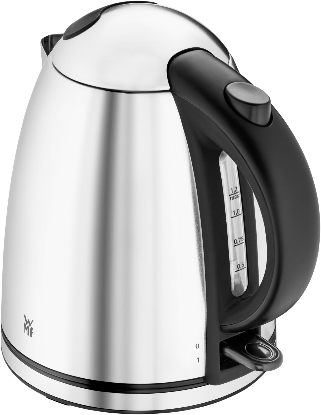 Eine glänzende Edelstahl-Kaffeekanne mit schwarzem Griff und Wasserstandsanzeige.