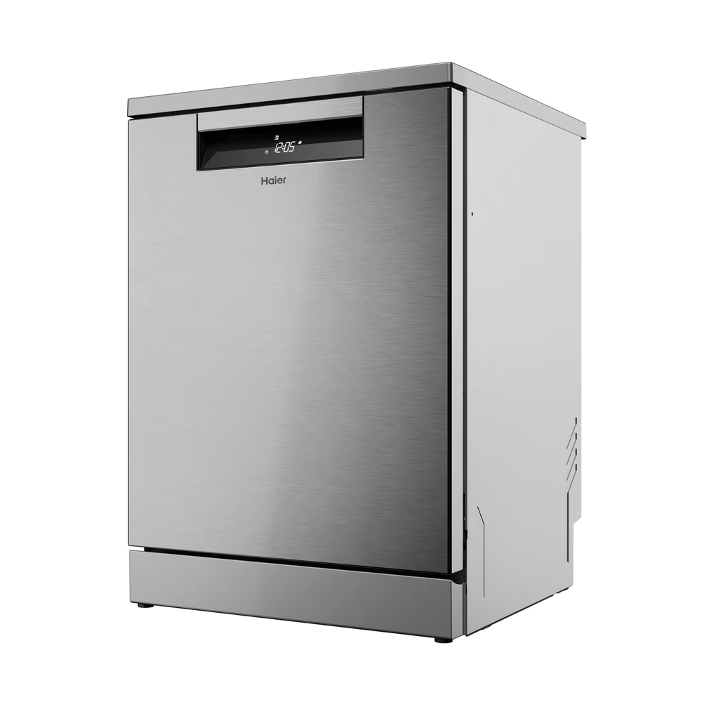Ezüst színű Haier mosogatógép digitális kijelzővel.