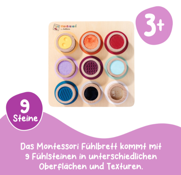 Montessori Fühlbrett mit 9 Steinen in verschiedenen Oberflächen und Texturen.