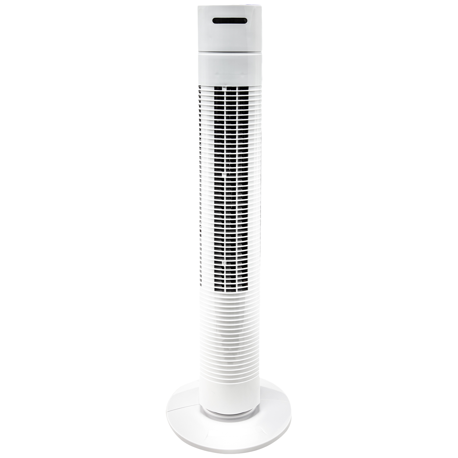 Een slanke, witte torenventilator met horizontale lamellen en bedieningspaneel.
