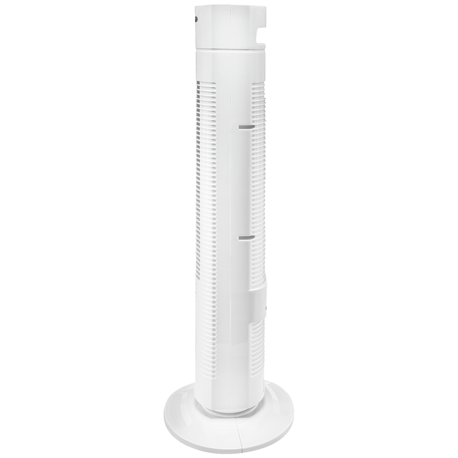 Een slanke, witte torenventilator staat op een ronde voet.
