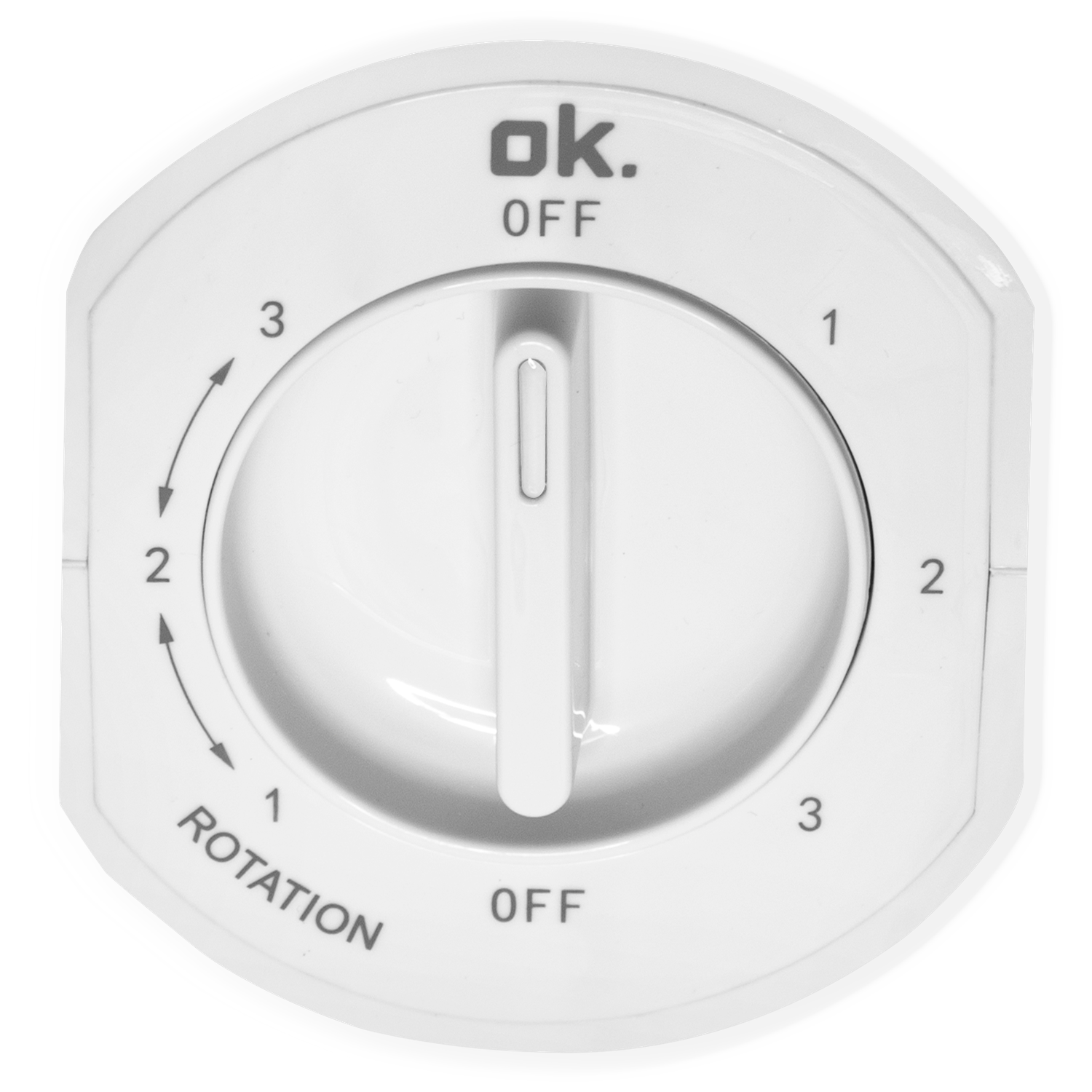 Een witte draaiknop met de cijfers 1, 2, 3 en OK. OFF markeringen.
