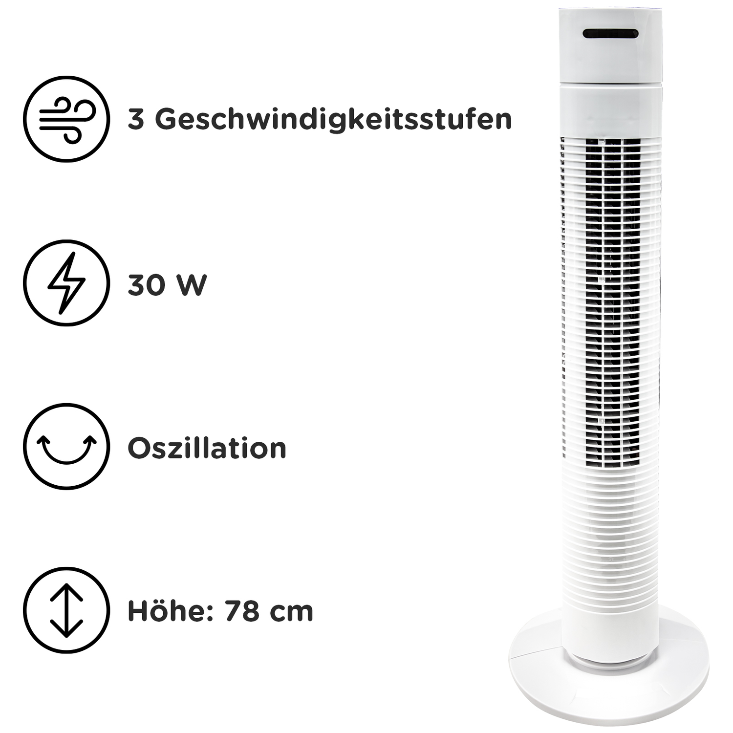 Een witte torenventilator met 3 snelheden, 30W, oscillatie en 78cm hoogte.