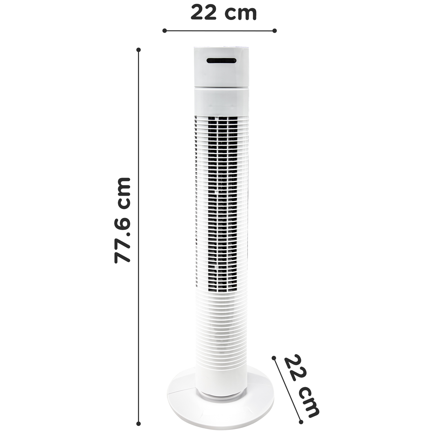 Een witte torenventilator met afmetingen 77,6 x 22 x 22 cm op witte achtergrond.