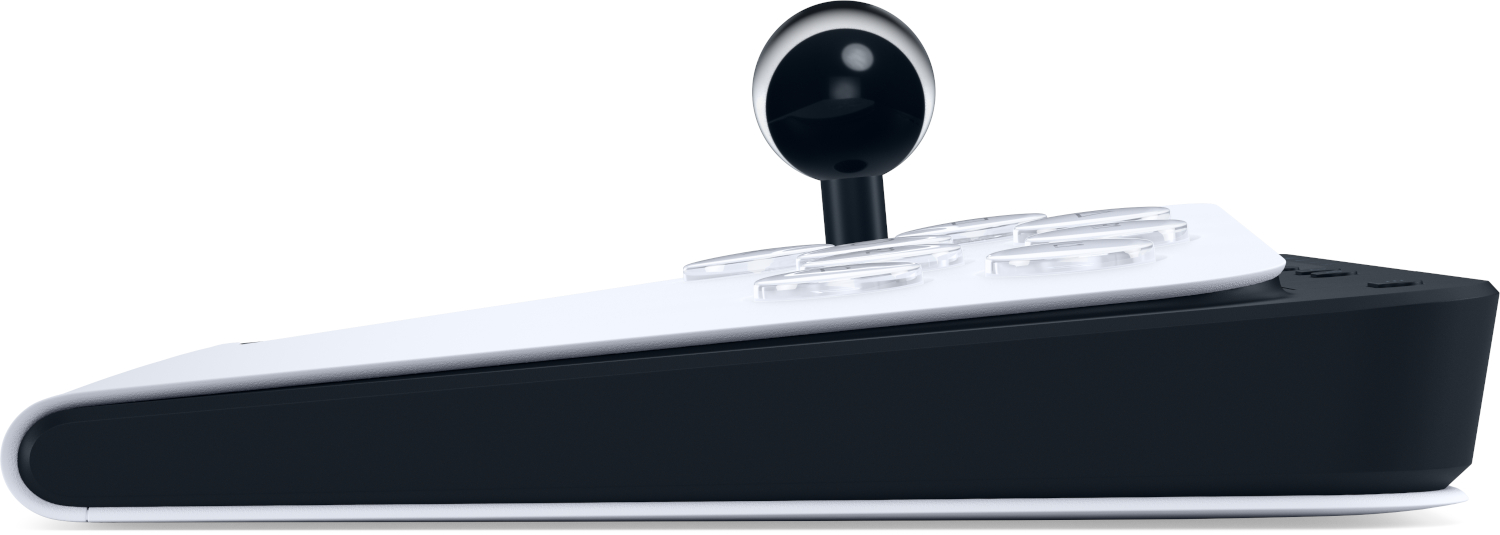 A black fight stick with a white top and a black joystick. Clear buttons.