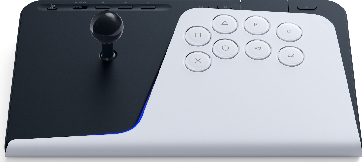 A black and white arcade fighting stick with a joystick and buttons.