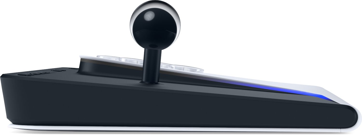 A black joystick with a round handle on a black base with blue lighting.