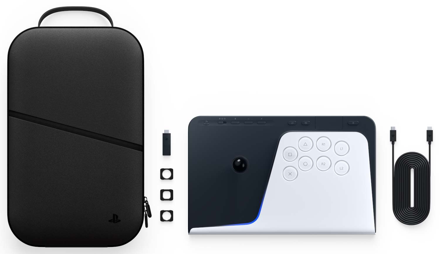 A black case, controller, USB stick, and cable on a white background.