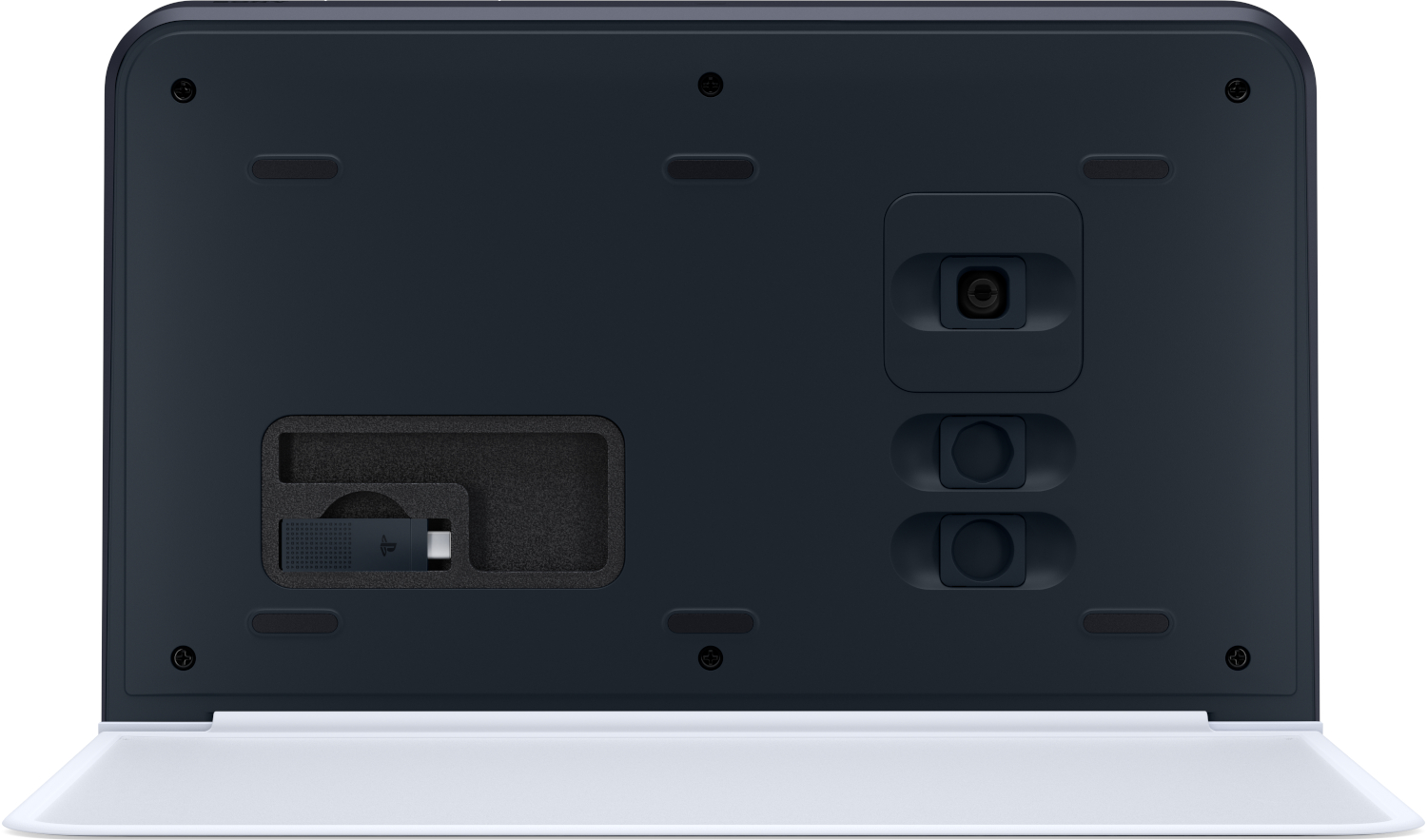 Underside of a dark device showing a USB dongle compartment and lens mounts.