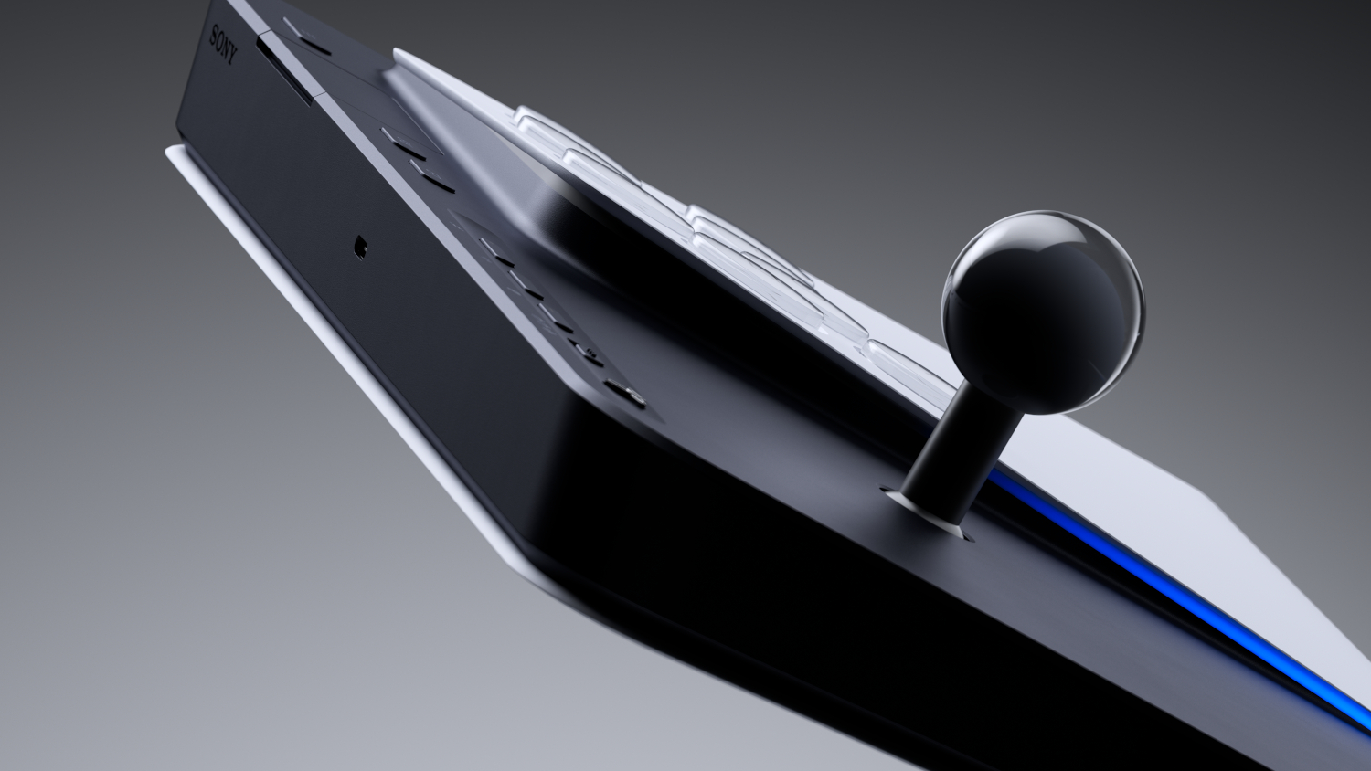 A black Sony gaming console with a joystick and blue lighting.