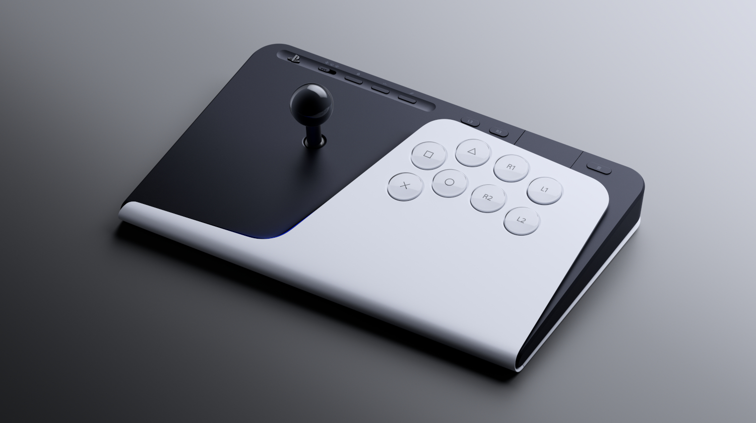 A black and white gaming joystick with a ball lever and round buttons.