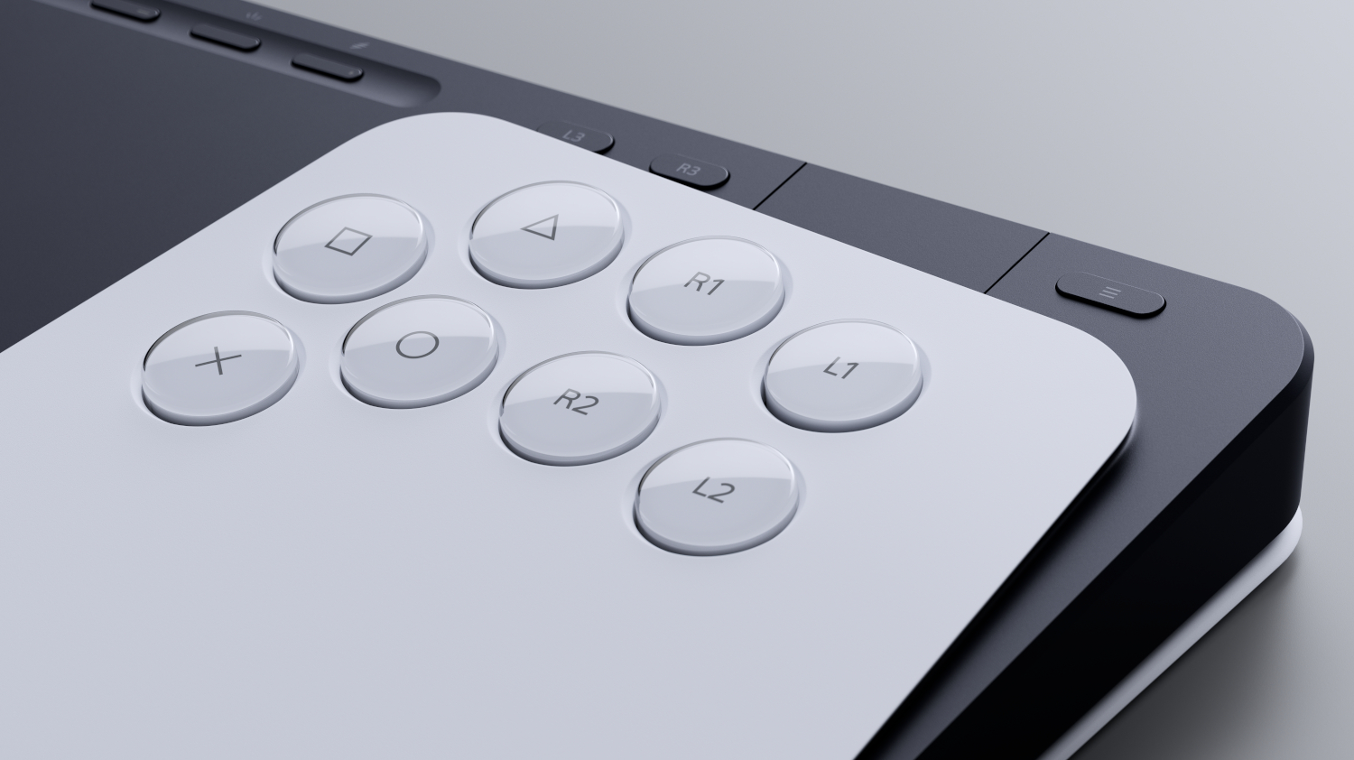 Close-up of a white game console showing buttons like cross, circle, triangle, and square.