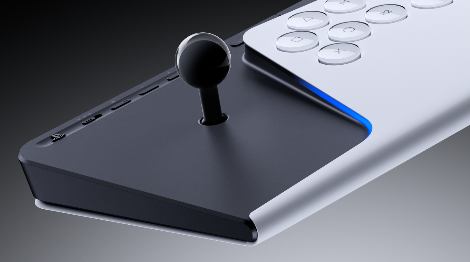 A black joystick emerges from a black controller with white buttons and blue lighting.