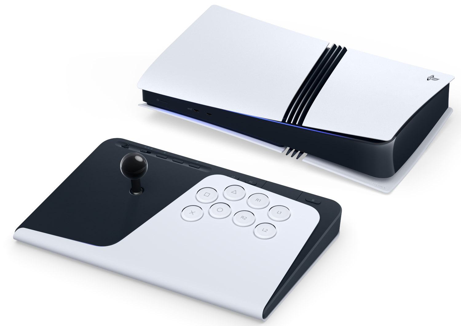 A white PS5 controller with a black joystick and buttons is placed before a white PS5 console.