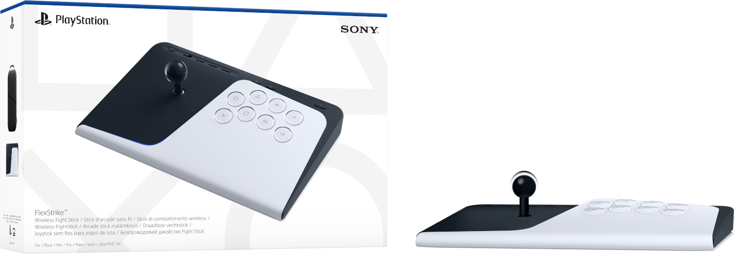 A white and black PlayStation arcade stick with joystick and buttons.