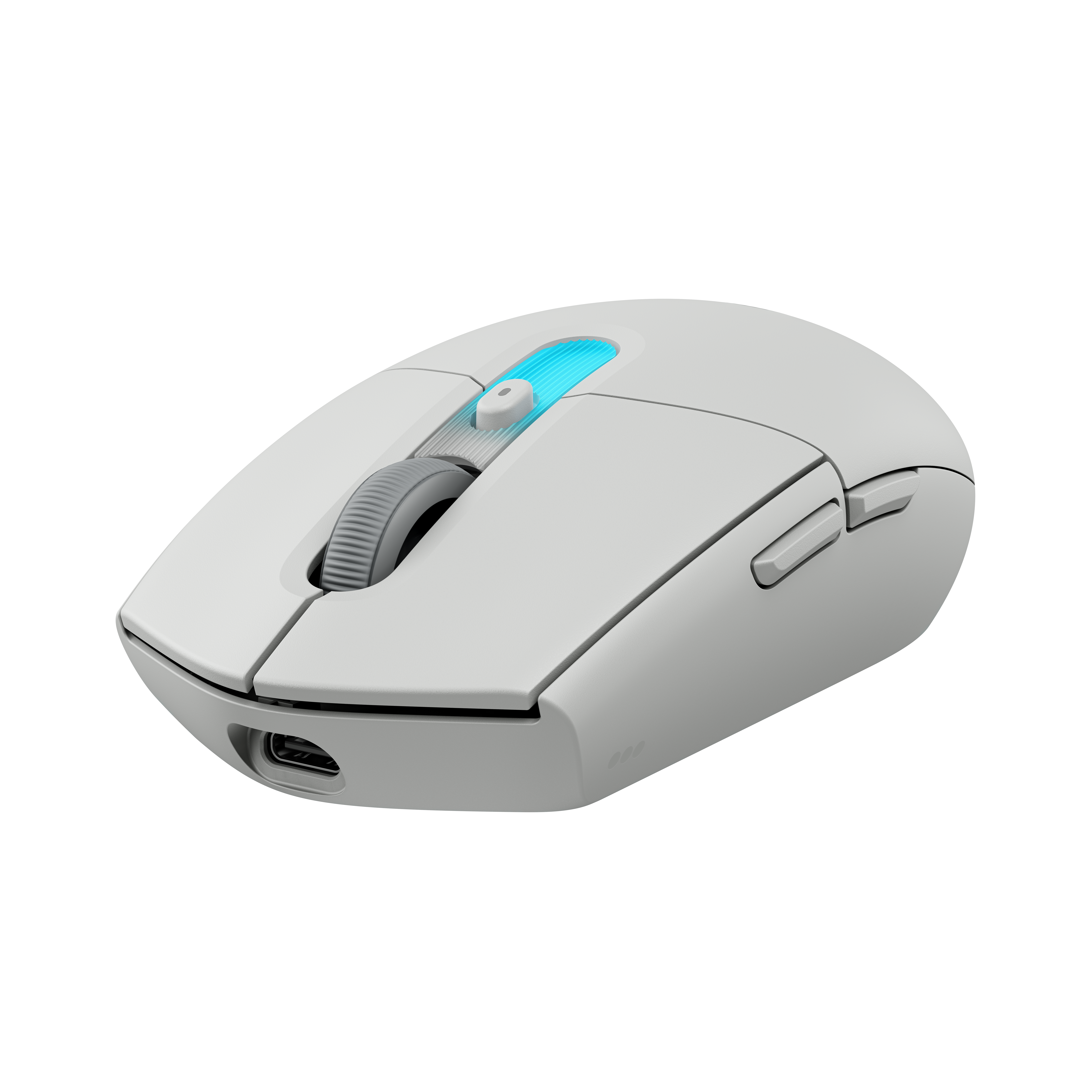 Un ratón de computadora blanco con rueda de desplazamiento iluminada en azul sobre fondo negro.