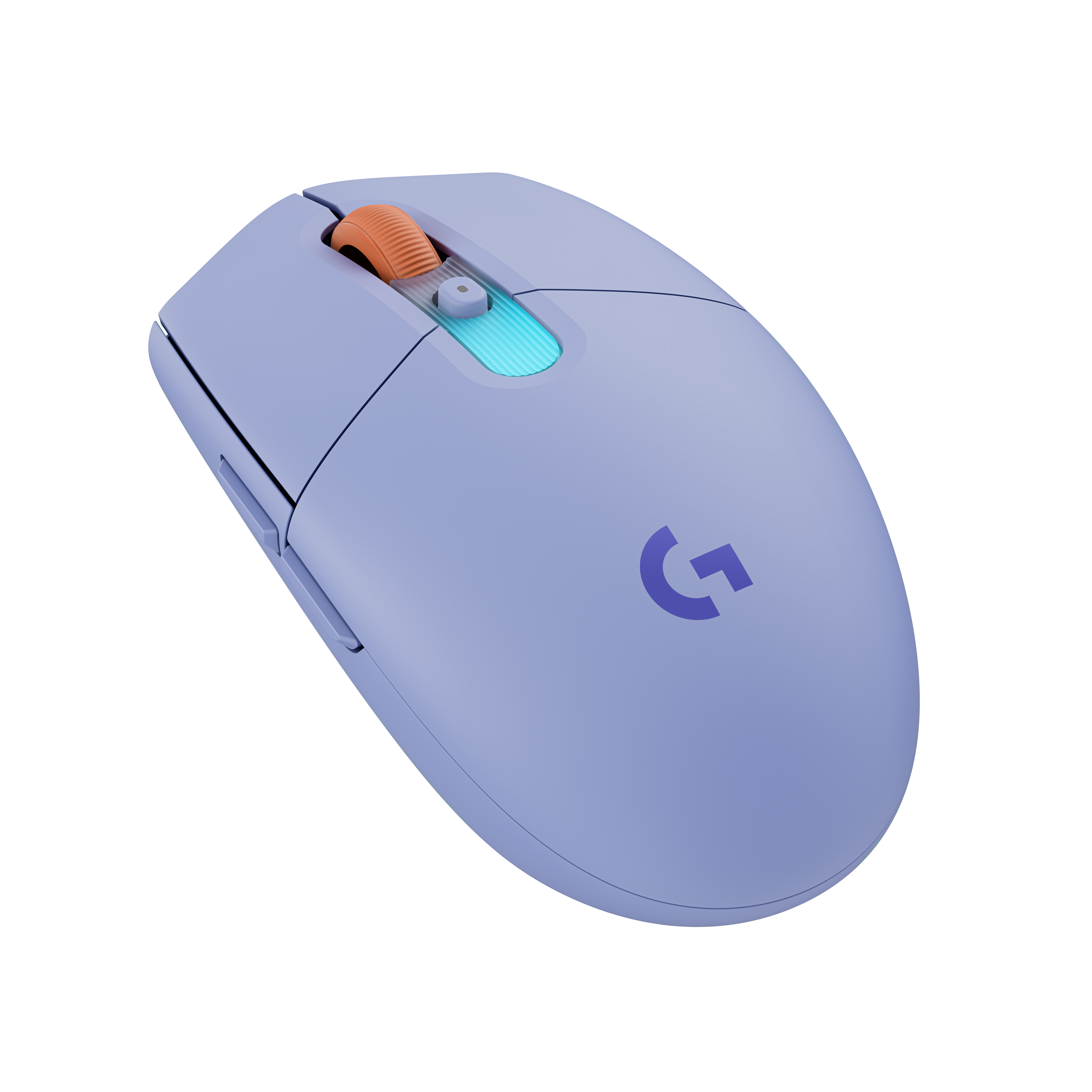Un ratón inalámbrico lavanda para juegos con rueda de desplazamiento naranja y luz azul.