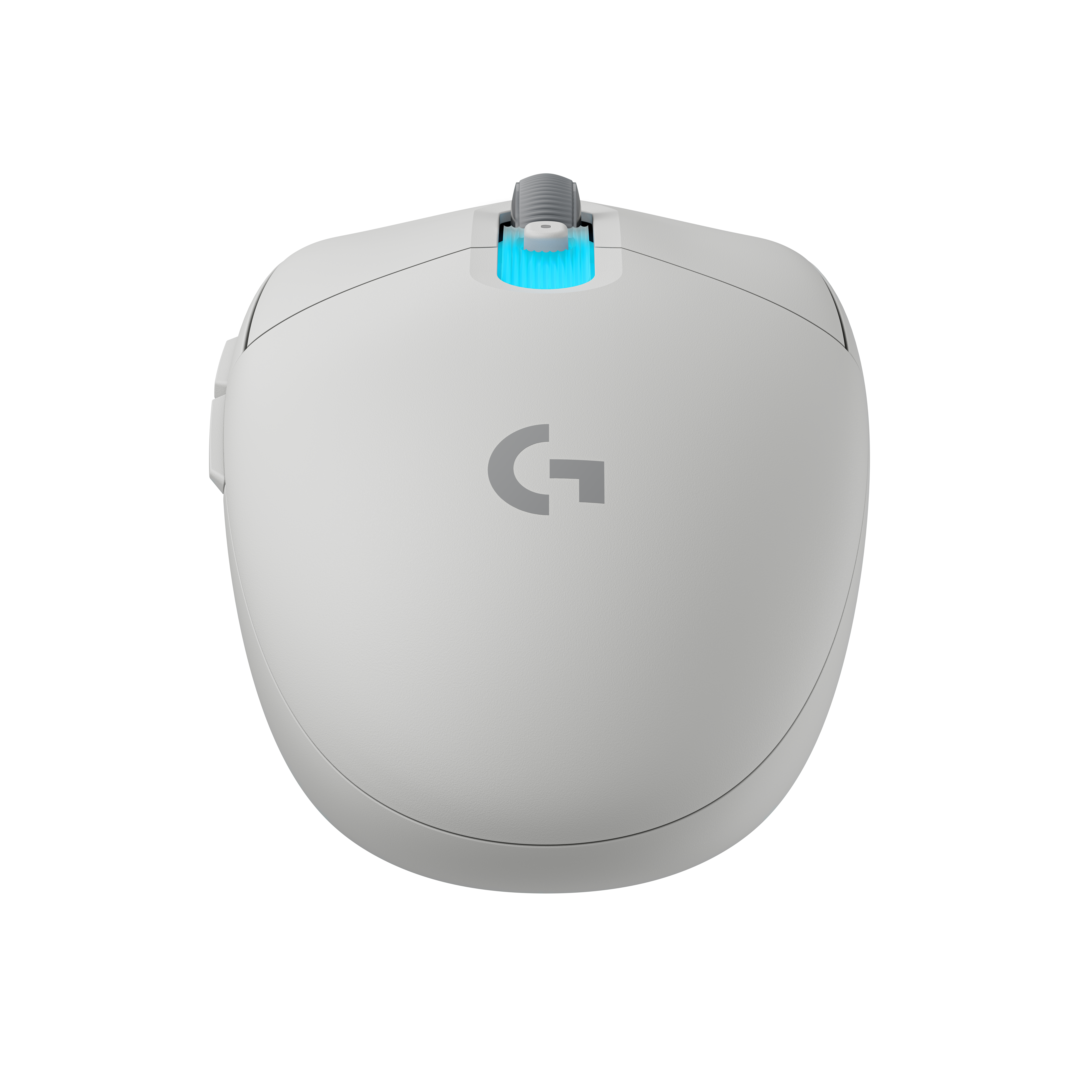 Un ratón gaming blanco con rueda scroll iluminada en azul y logo Logitech G.