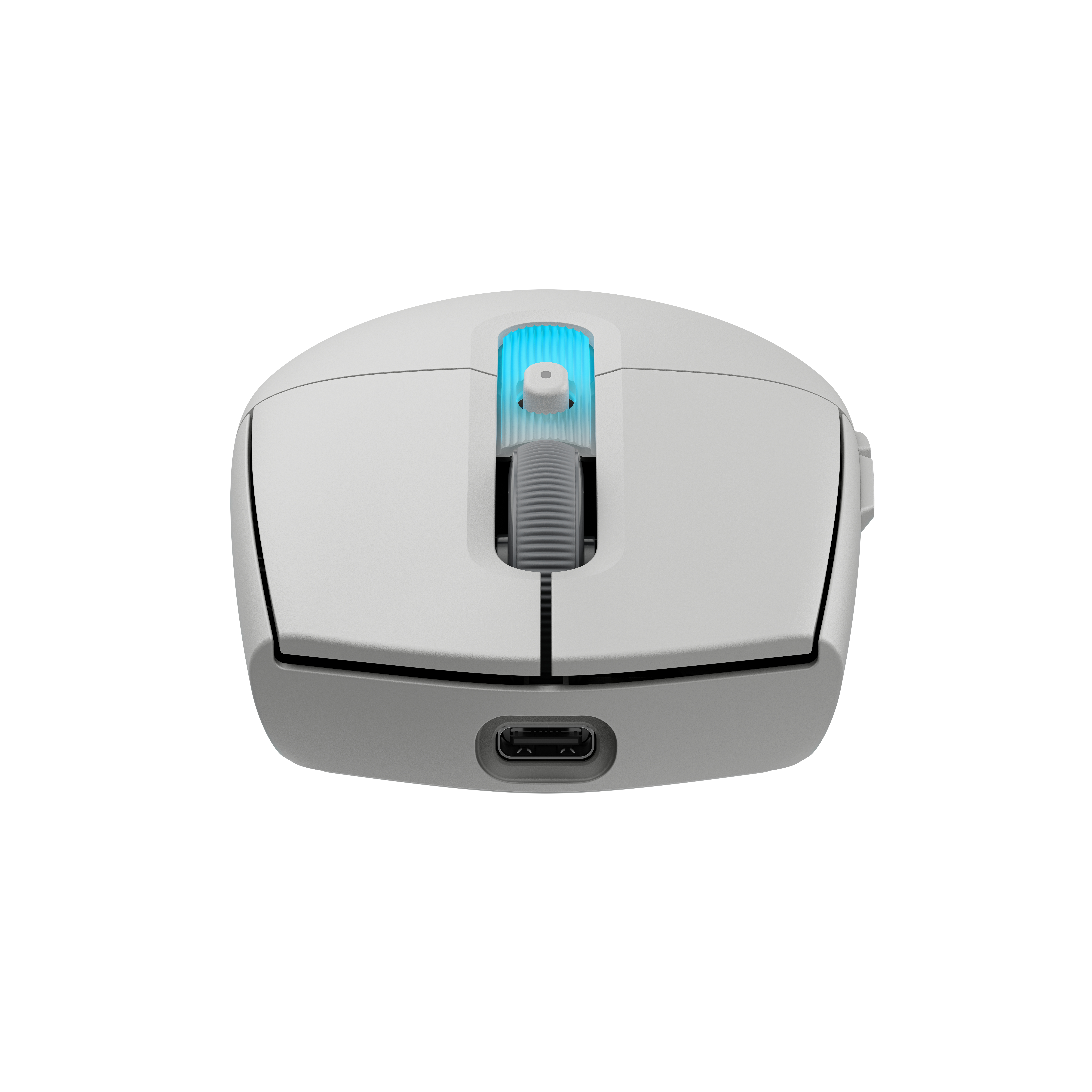 Ratón de ordenador blanco con rueda de desplazamiento retroiluminada azul y puerto USB-C.