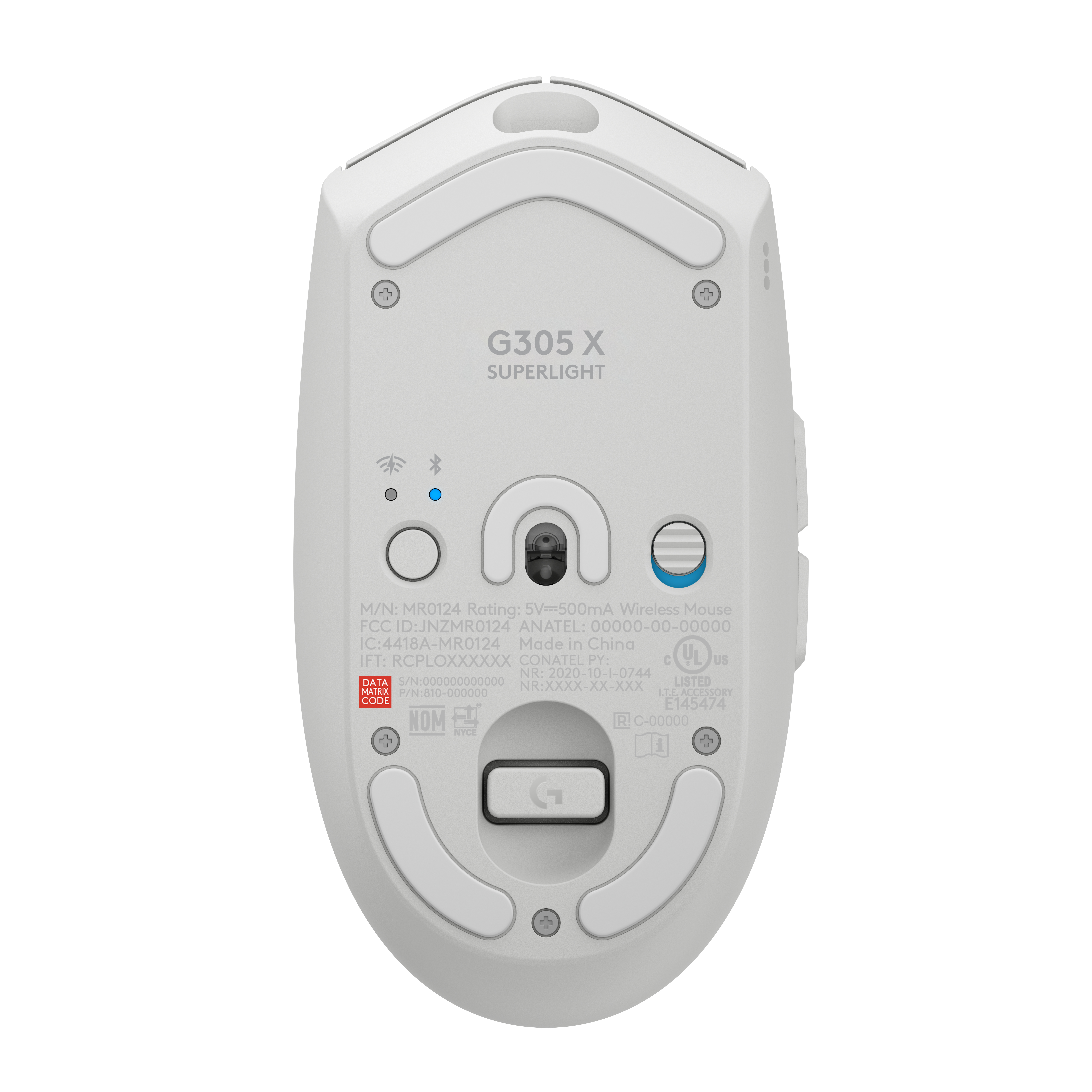 Parte inferior de ratón blanco con texto G305 X SUPERLIGHT y detalles técnicos.