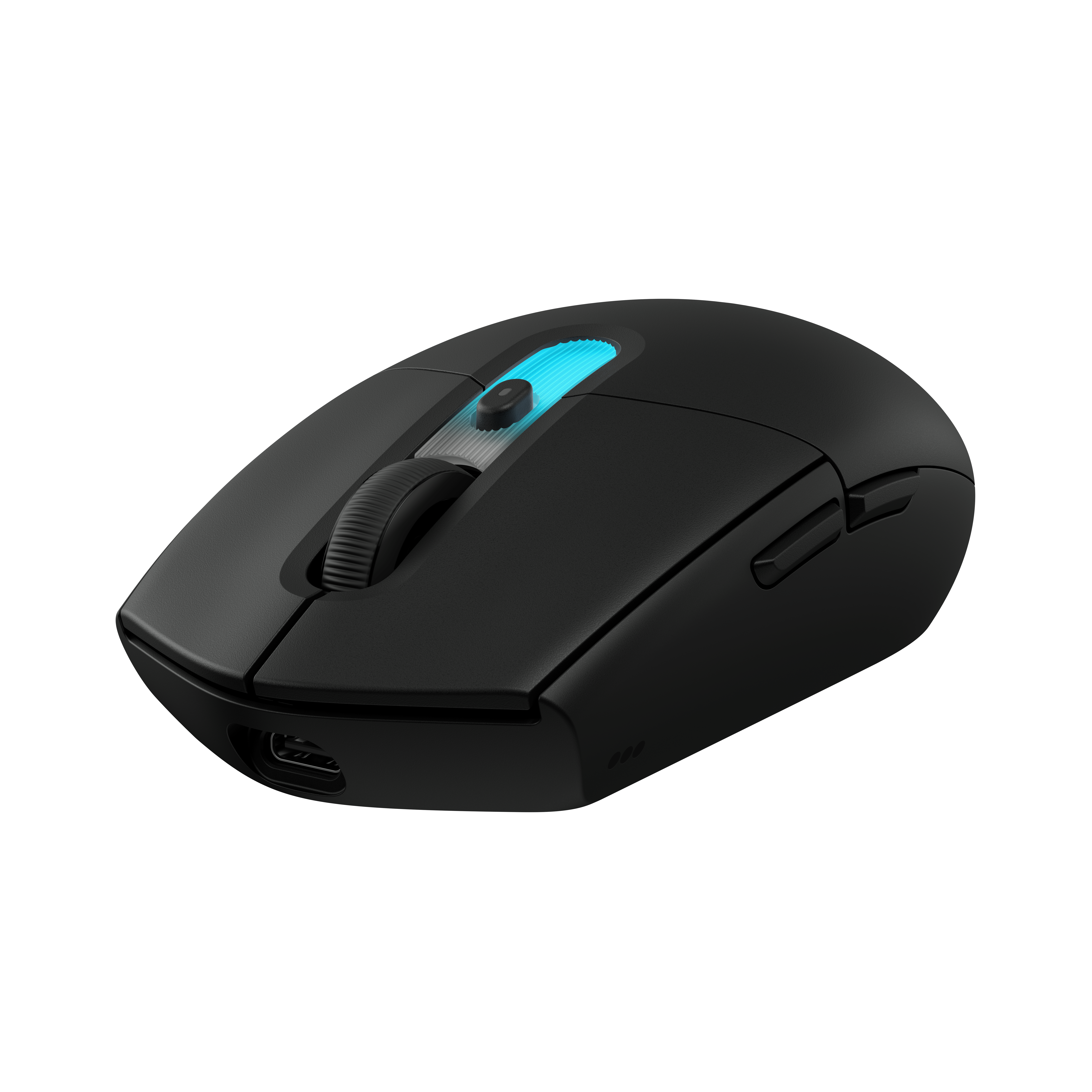 Ratón inalámbrico negro con rueda de desplazamiento azul brillante y puerto USB-C.