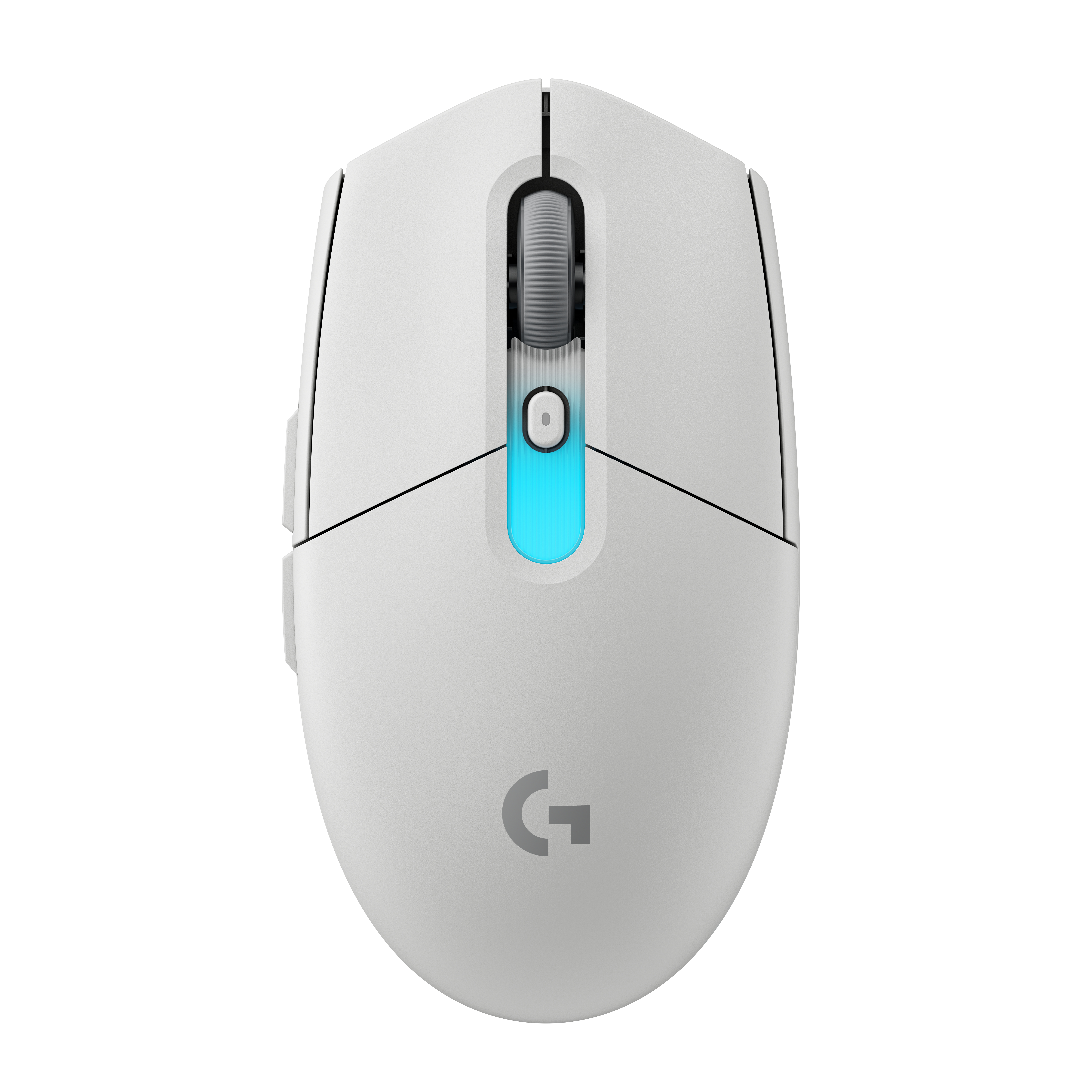 Ratón blanco de ordenador con rueda gris y acento azul brillante.
