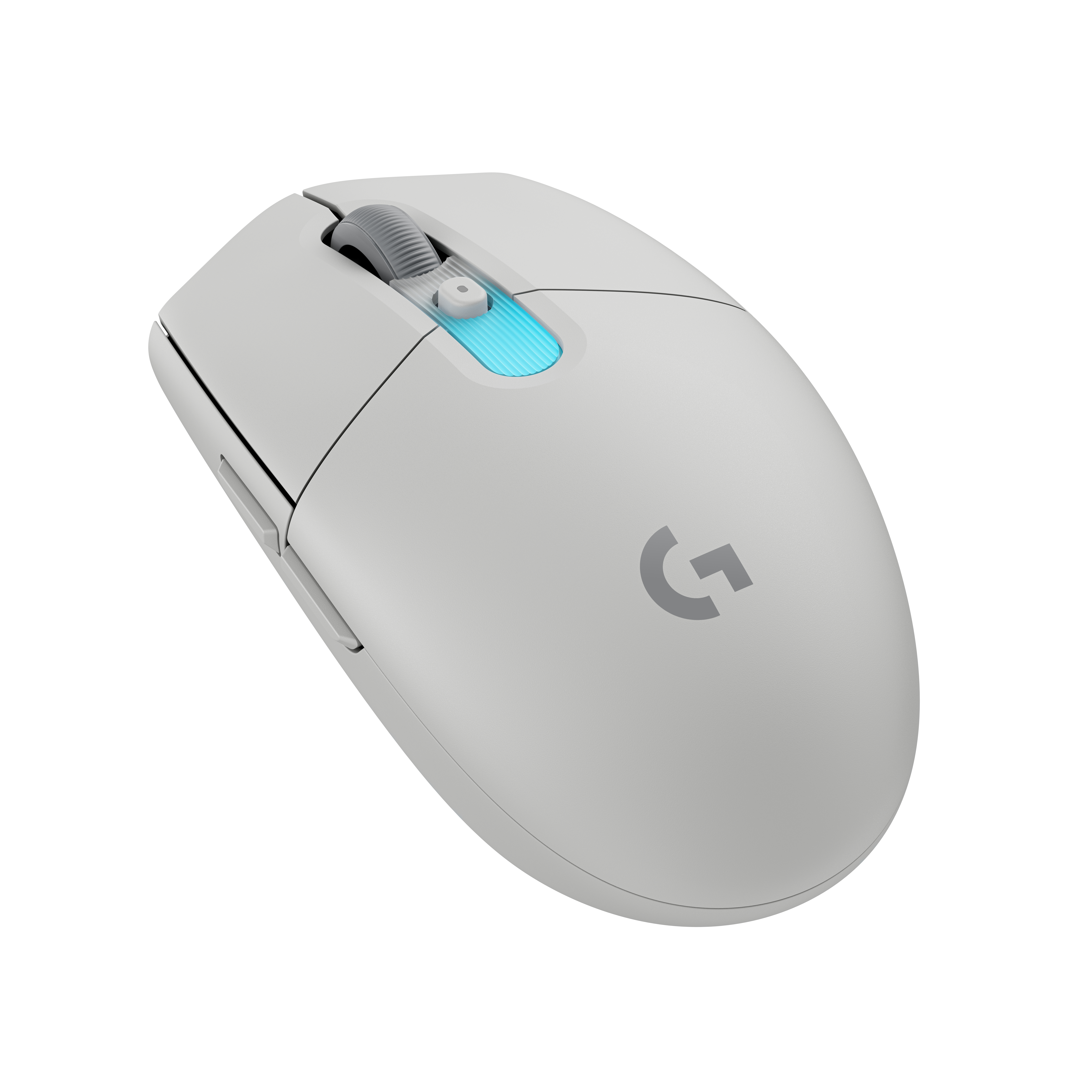 Un ratón inalámbrico blanco para juegos con logo gris de Logitech y tira azul.