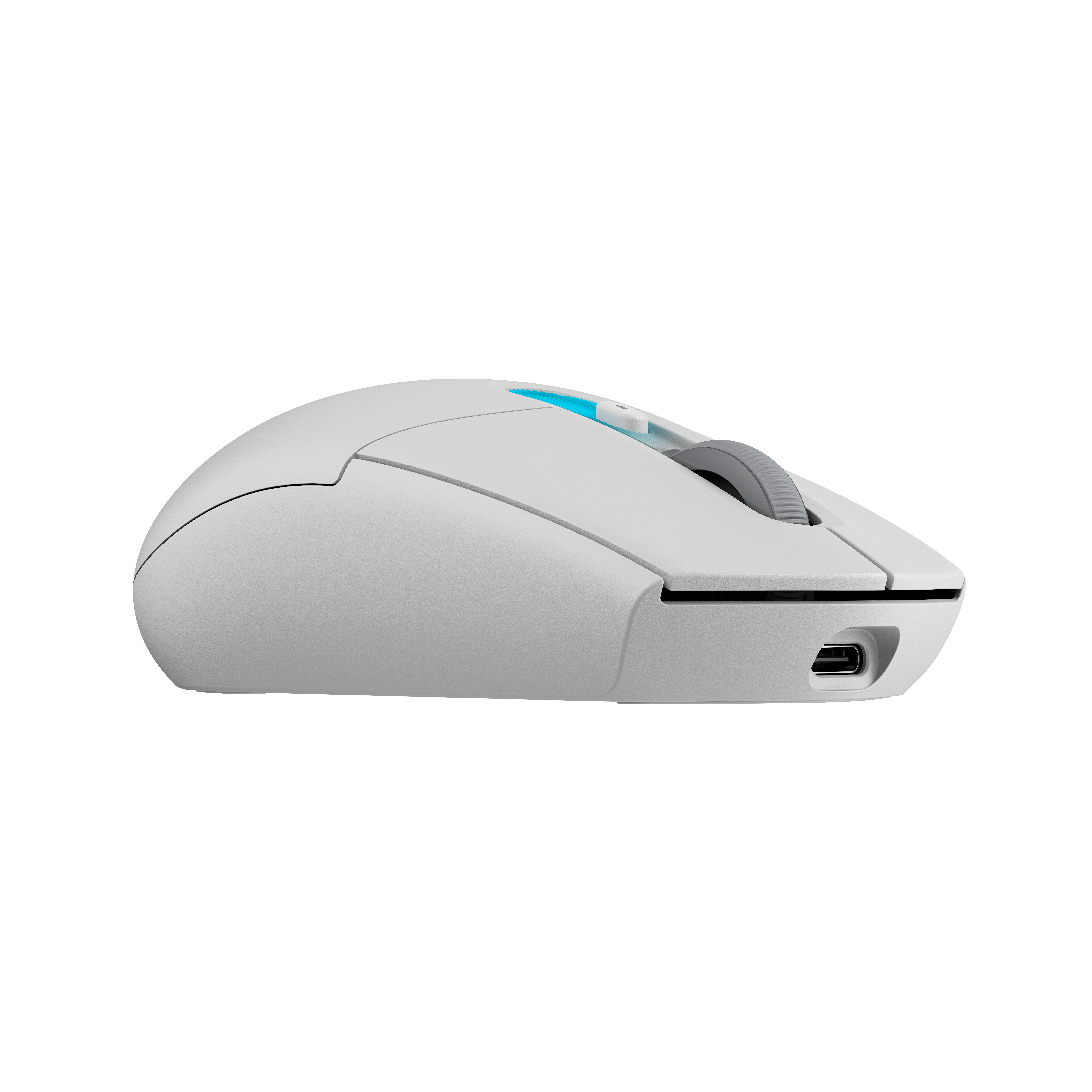 Un ratón inalámbrico blanco con luz azul y un puerto USB-C.