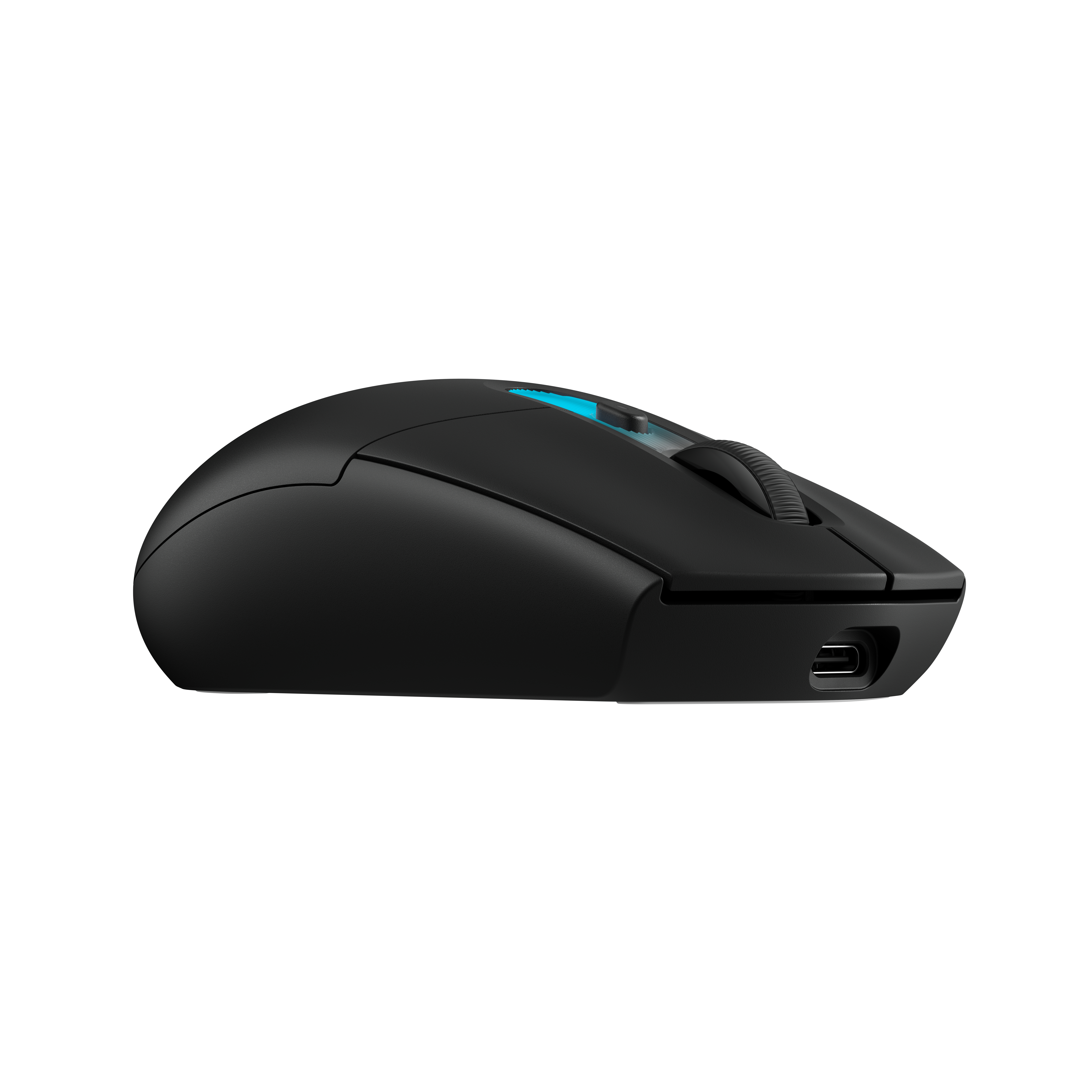 Ratón gaming negro con luz azul y puerto USB-C.