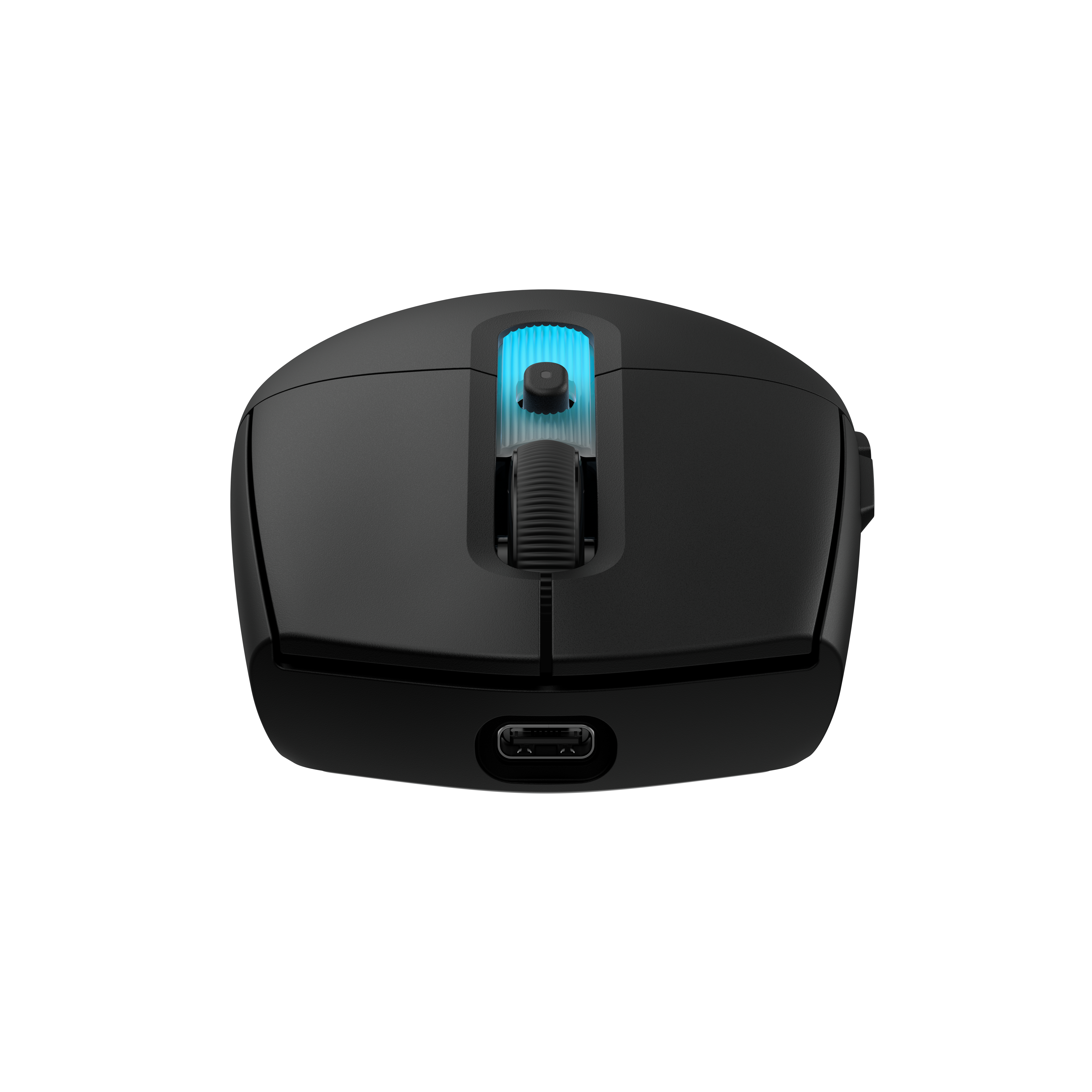 Ratón negro con rueda de scroll iluminada en azul y puerto USB-C.