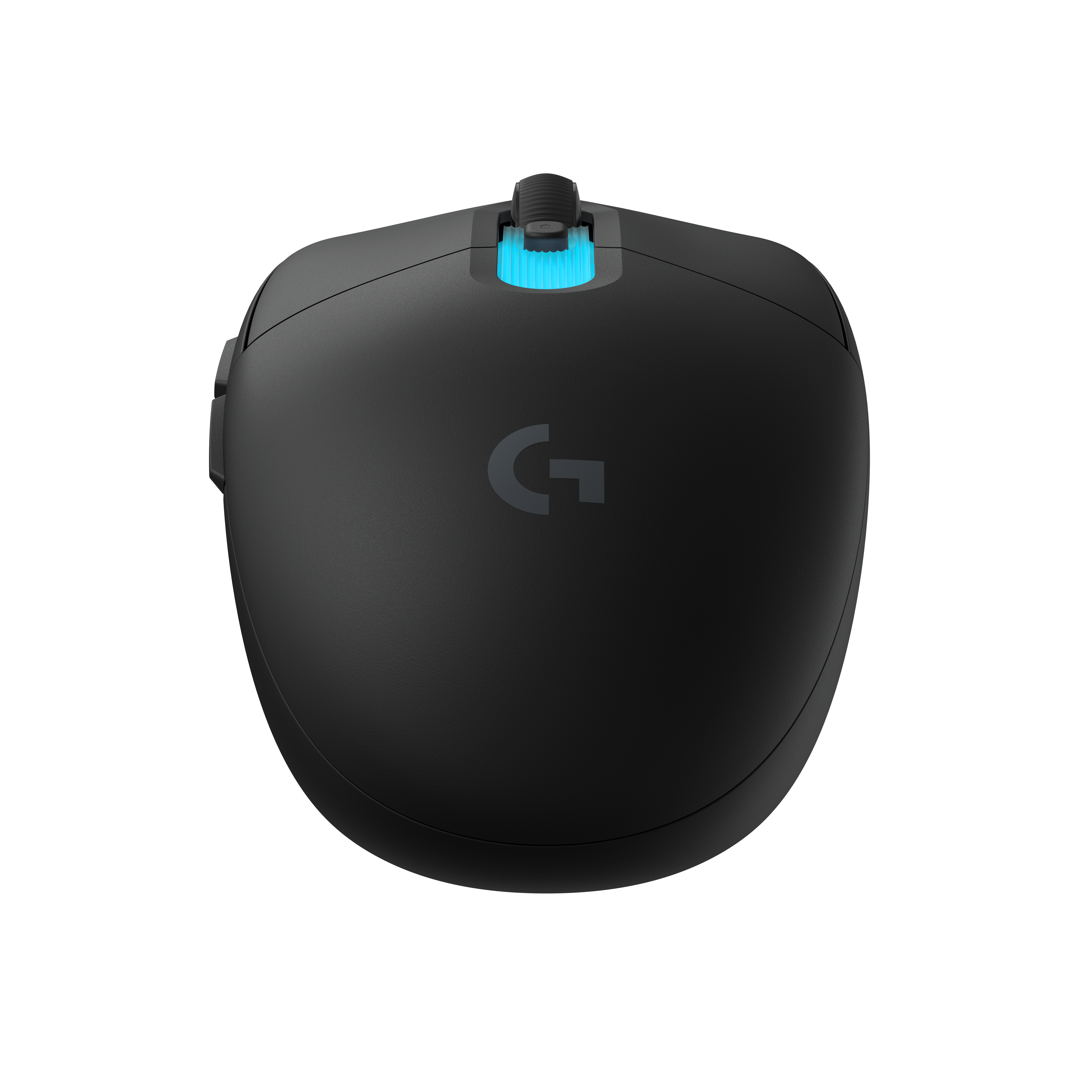 Ratón gaming Logitech negro con rueda scroll azul brillante y logo G.