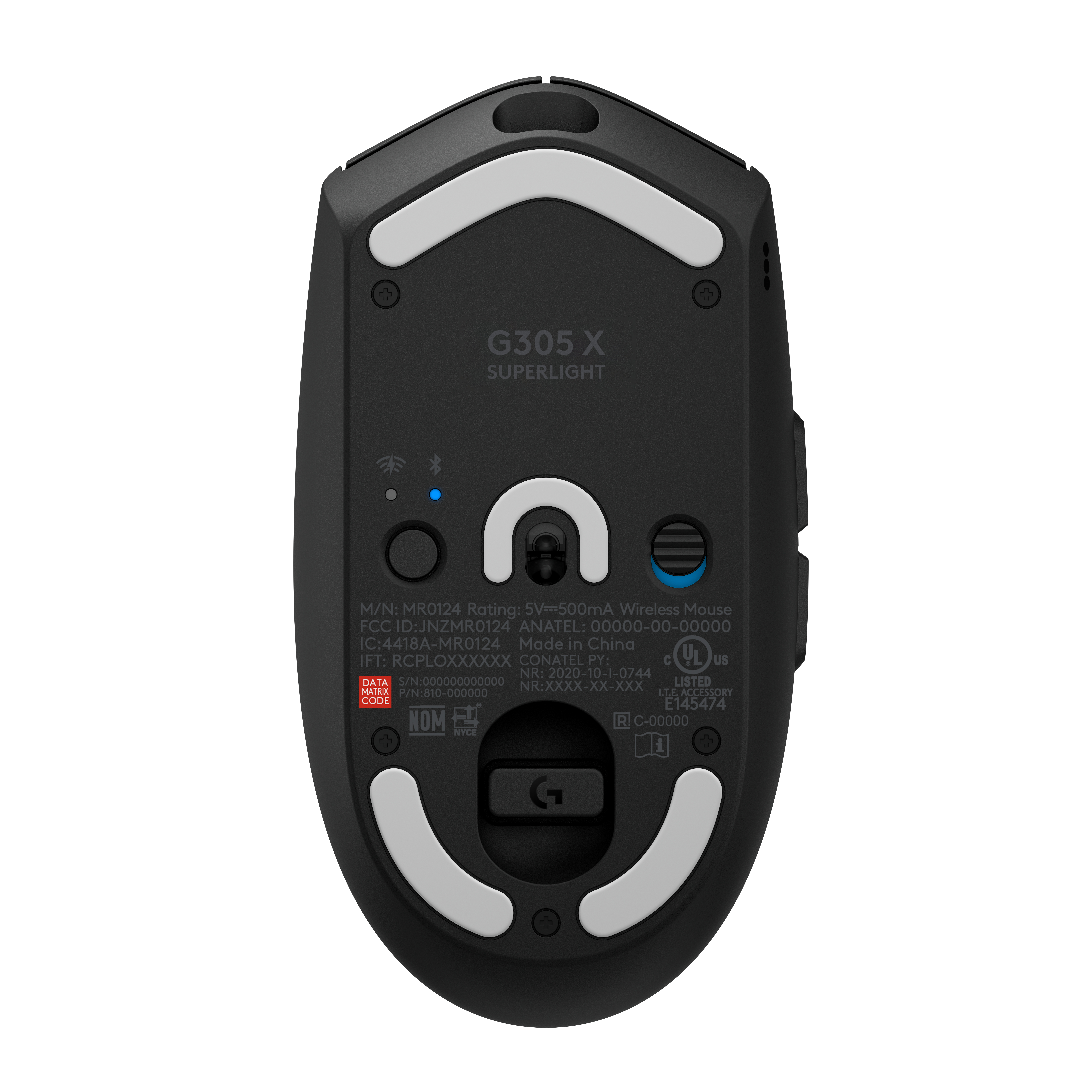 Parte inferior de un ratón inalámbrico Logitech G305 X Superlight negro con etiquetas.