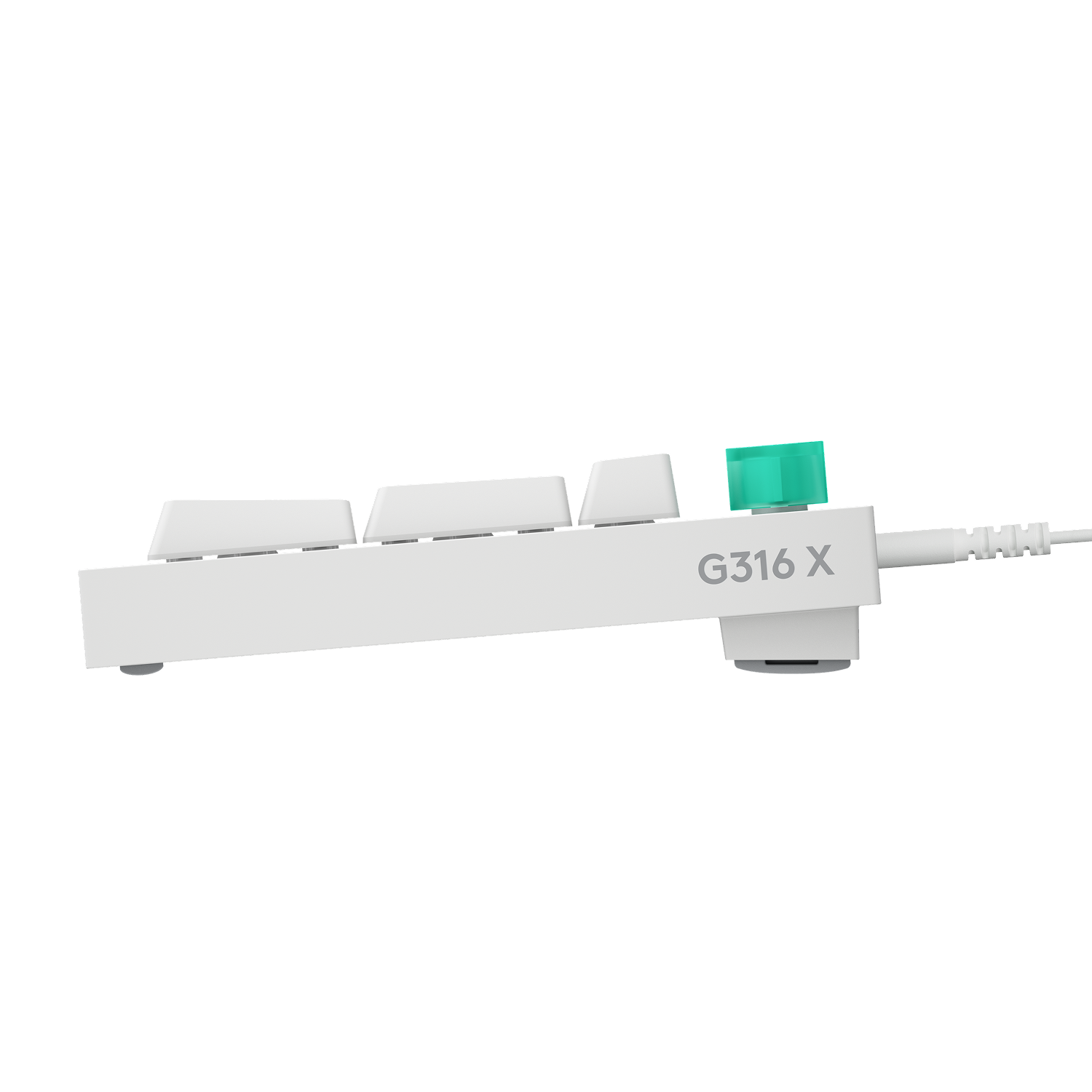 Teclado blanco con dial verde y cable sobre fondo blanco.