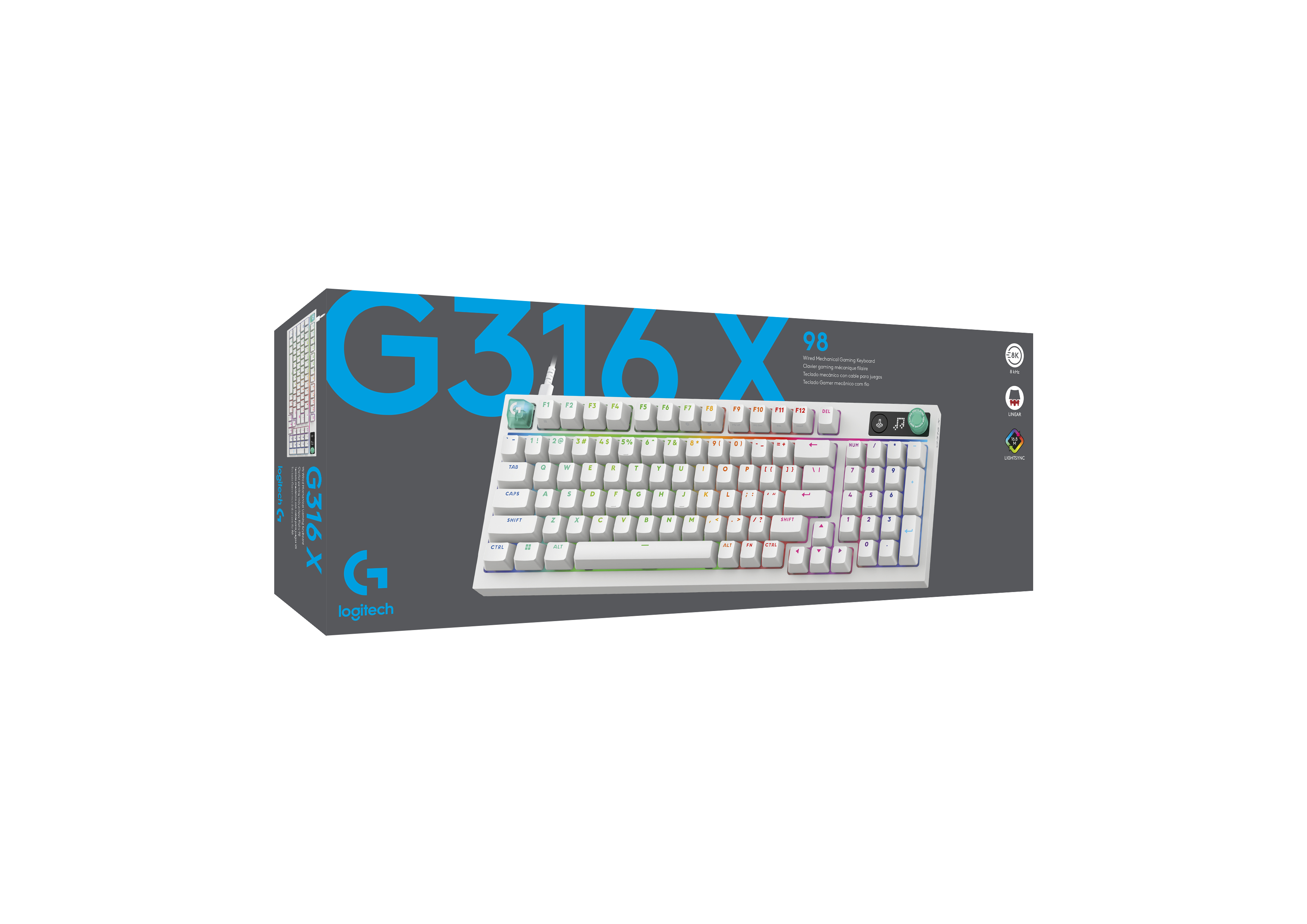 Caja de un teclado gaming Logitech G316X blanco con iluminación RGB.