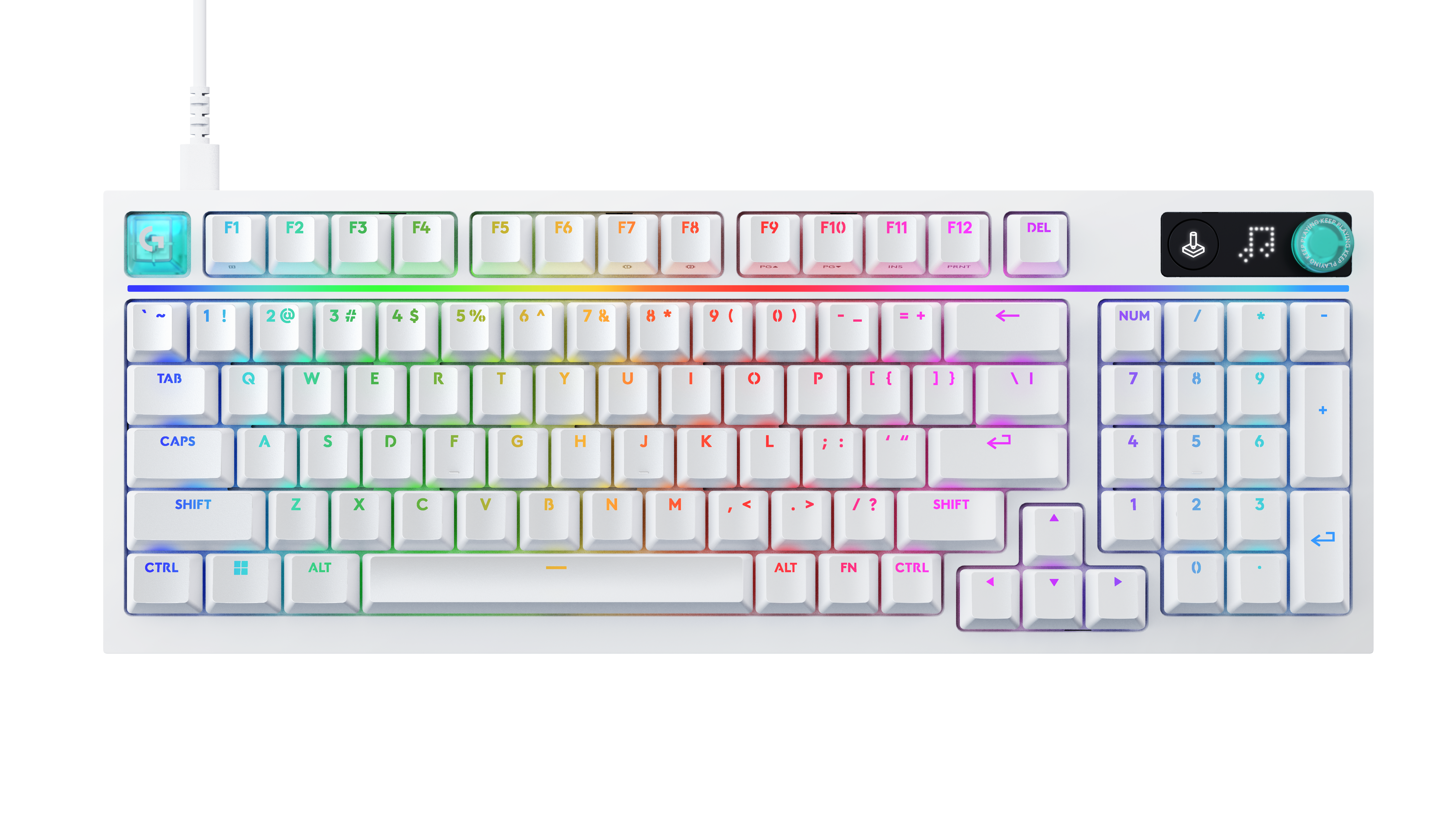 Un teclado blanco con iluminación RGB y un teclado numérico.