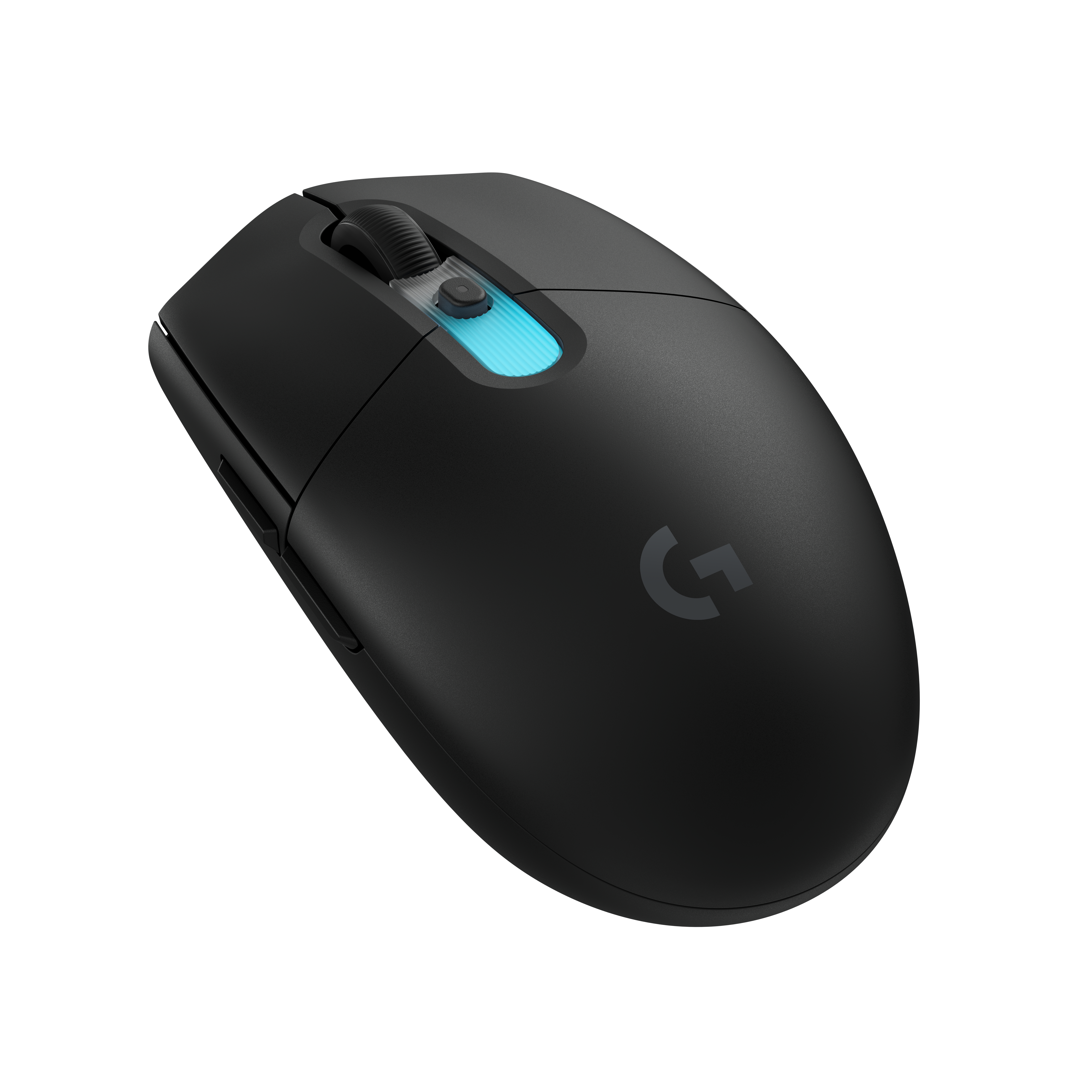 Ratón gaming negro con luz azul y logo de Logitech.