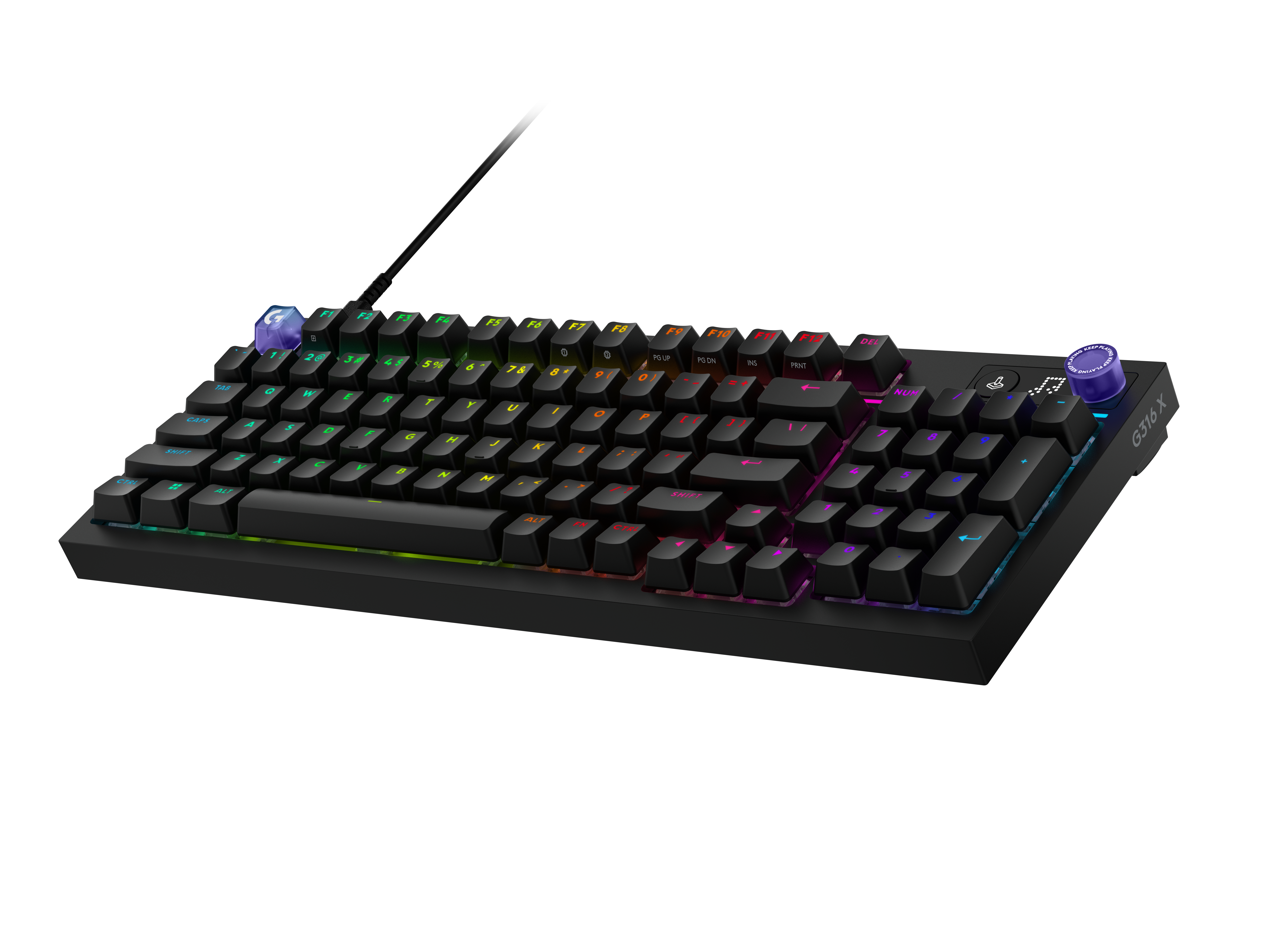 Un teclado mecánico negro con iluminación RGB y una perilla de volumen morada. Las teclas tienen iluminación de varios colores.