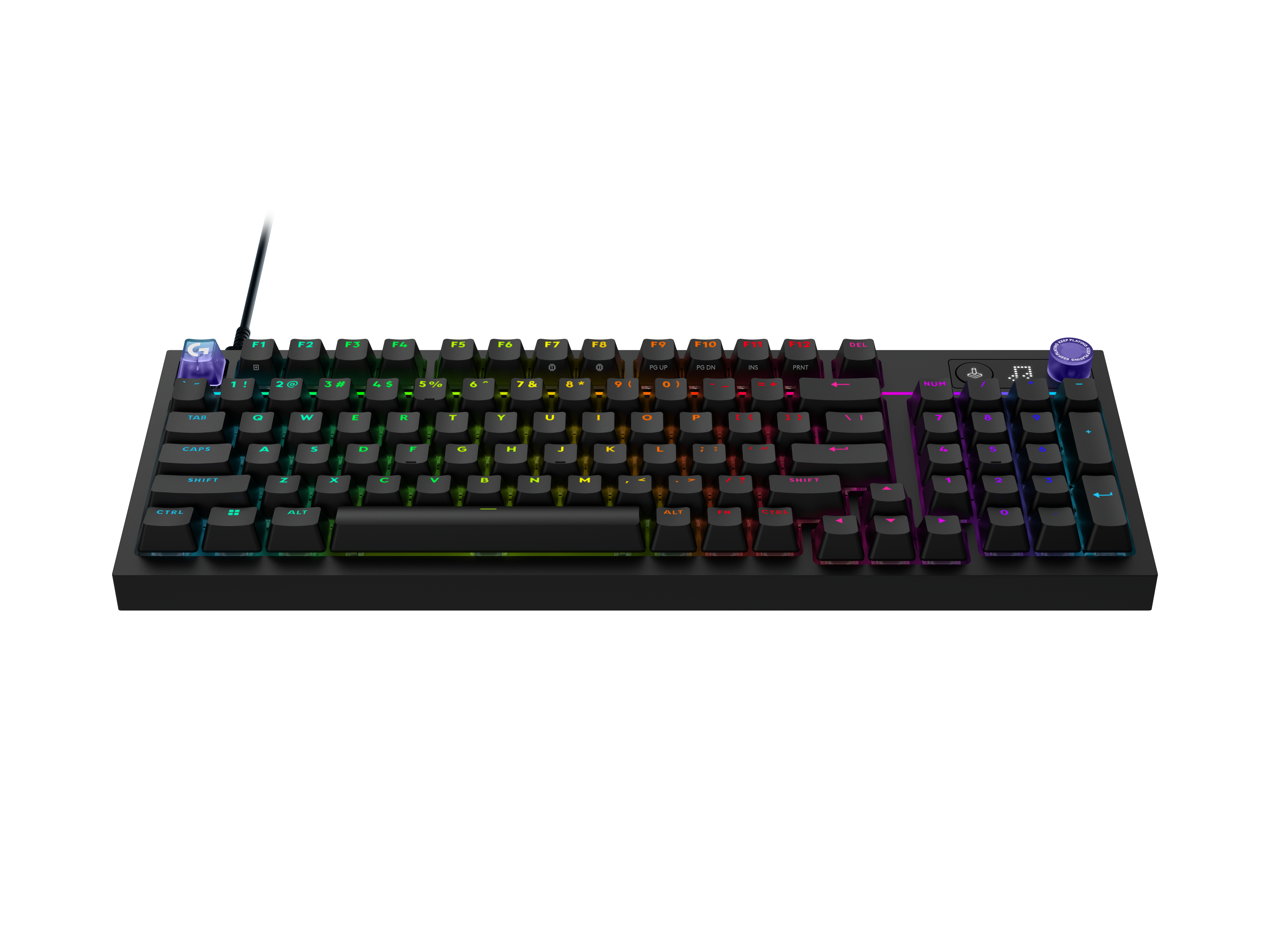 Teclado negro con iluminación RGB y tecla G morada.