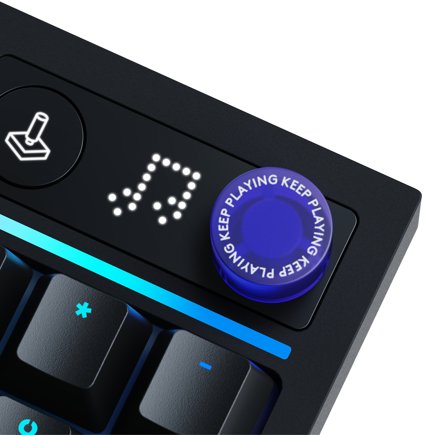 Teclado negro con dial azul e icono de nota musical. Iluminación LED azul.