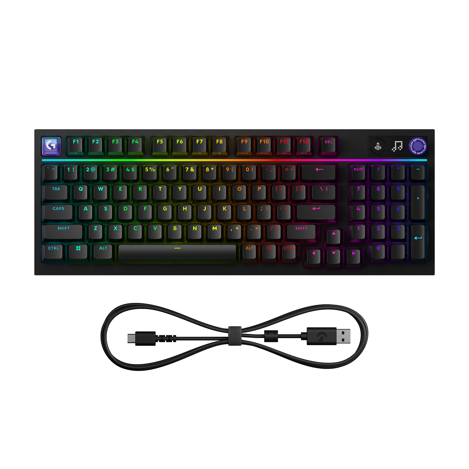 Teclado mecánico negro con iluminación RGB y cable USB-C.