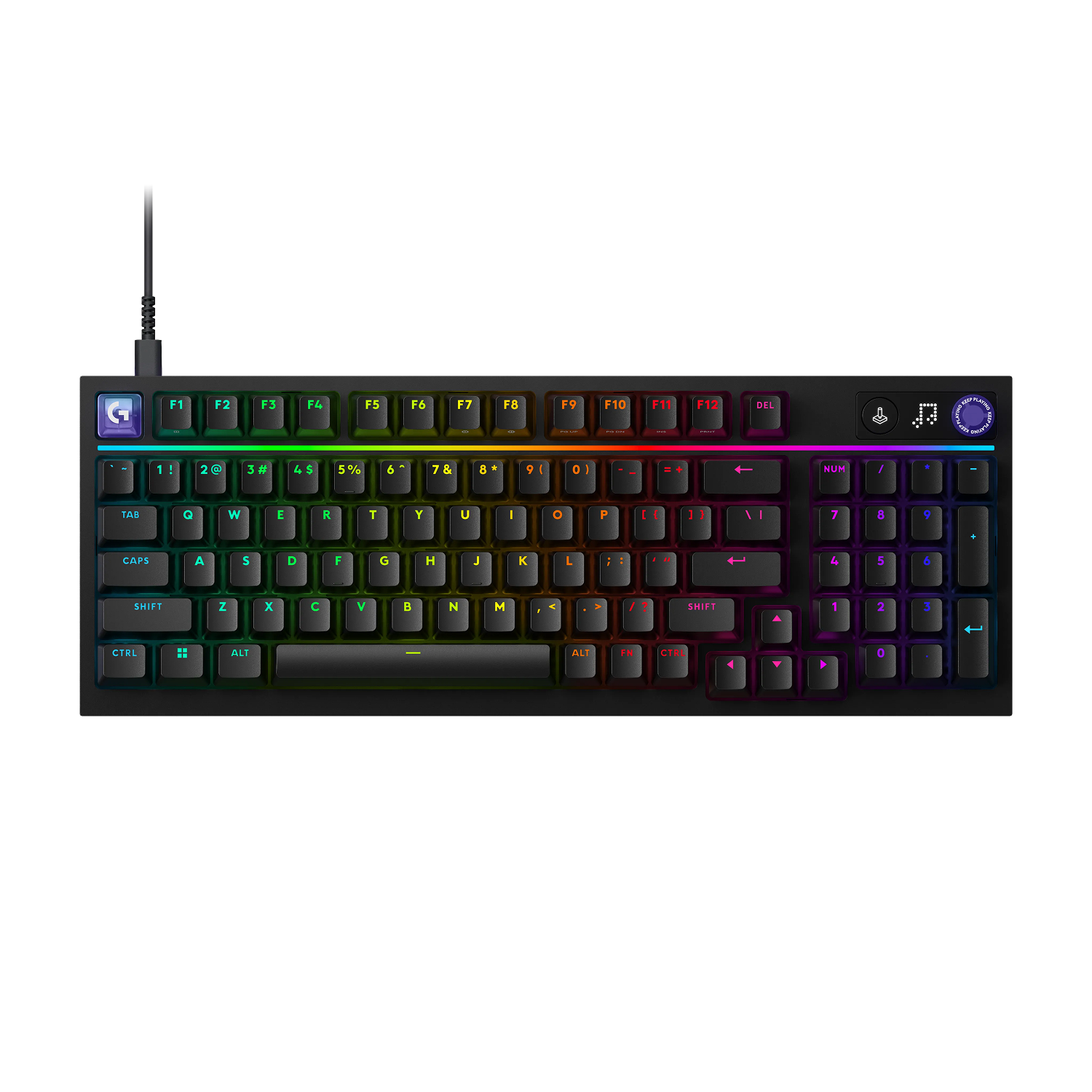 Un teclado gaming negro con iluminación RGB, mostrando teclas y un cable.
