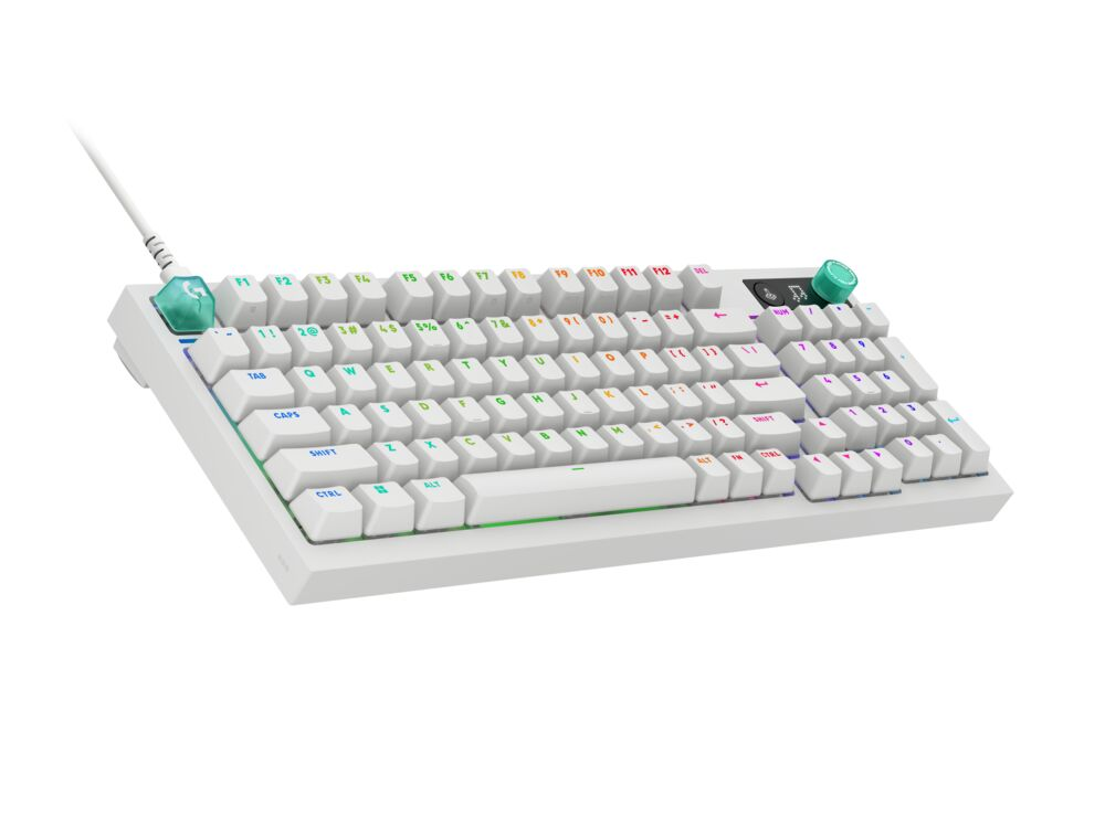 Un teclado mecánico blanco con teclas y perillas coloridas sobre fondo blanco.