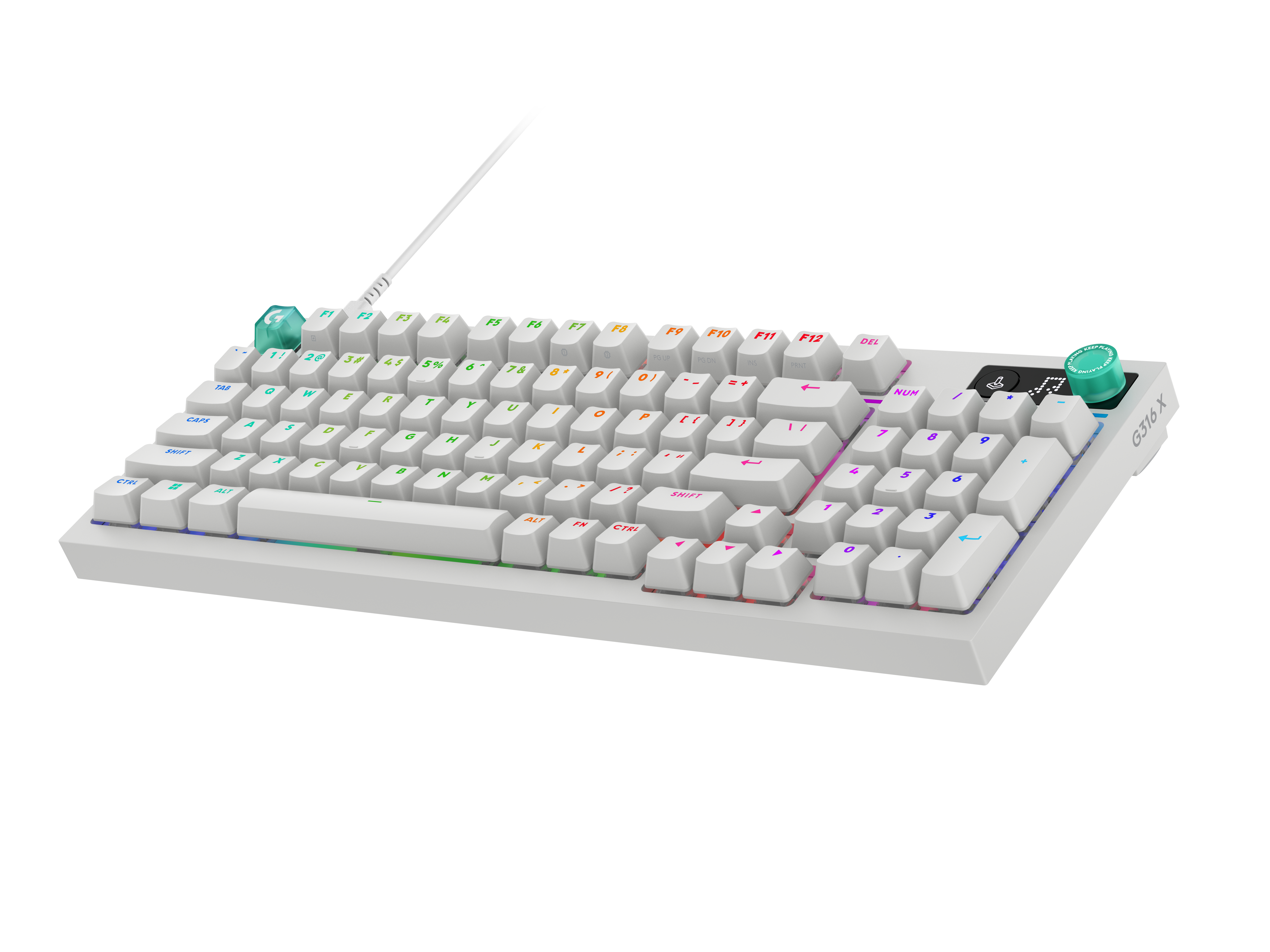 Un teclado mecánico blanco con iluminación RGB y perillas giratorias verdes.