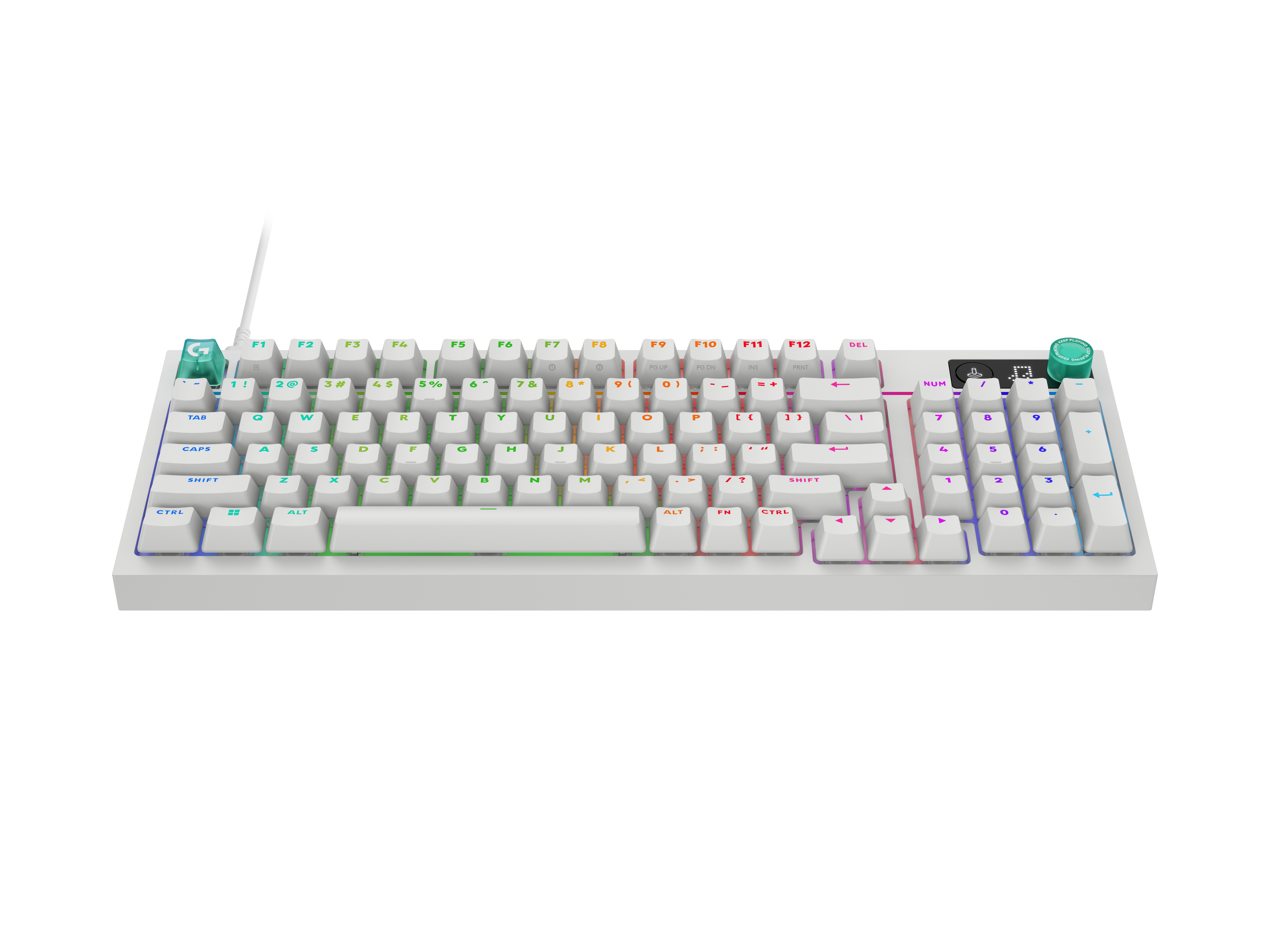 Un teclado blanco con teclas RGB coloridas y un mando giratorio verde.