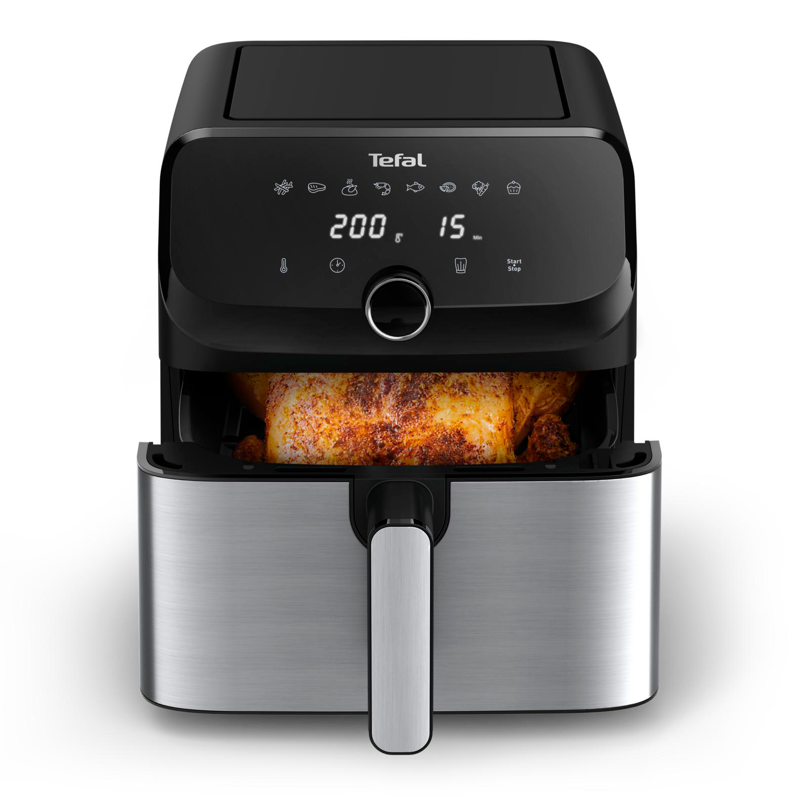 Tefal Heißluftfritteuse mit einem goldbraunen Hähnchen, eingestellt auf 200 Grad für 15 Minuten.