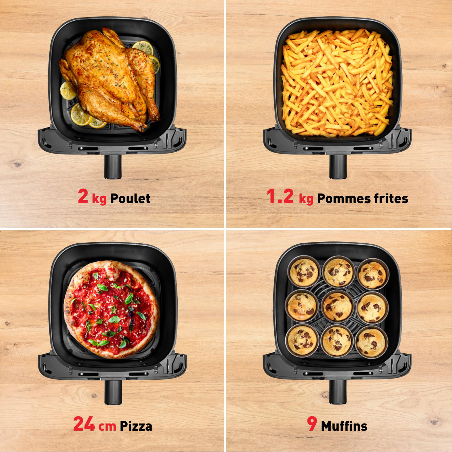 Ein gebratenes Hähnchen, Pommes, Pizza und Muffins in einem schwarzen Airfryer-Korb.