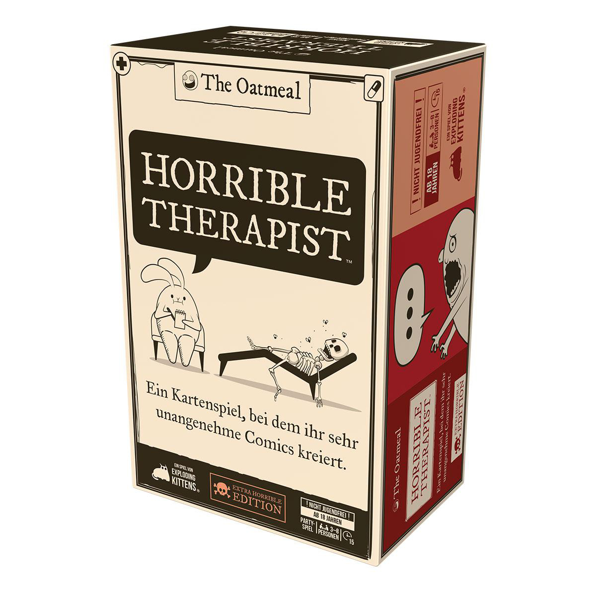 Brettspiel-Box für 'Horrible Therapist' von The Oatmeal mit Comic-Illustration von Hase und Skelett.