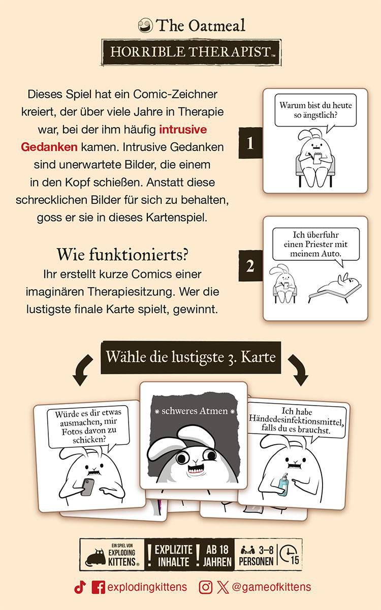 Spiel "Horrible Therapist" von The Oatmeal mit Karten, die Comichelden zeigen.
